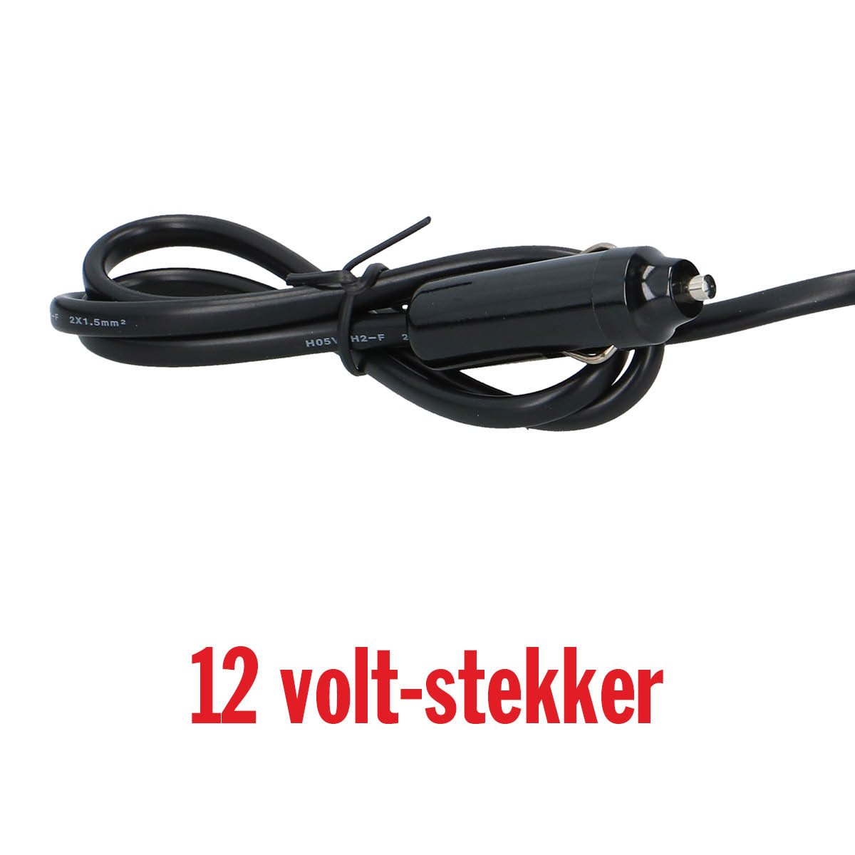 Prise de voiture noire 12 volts. Le texte '12 volt-stekker' est écrit en rouge en dessous.