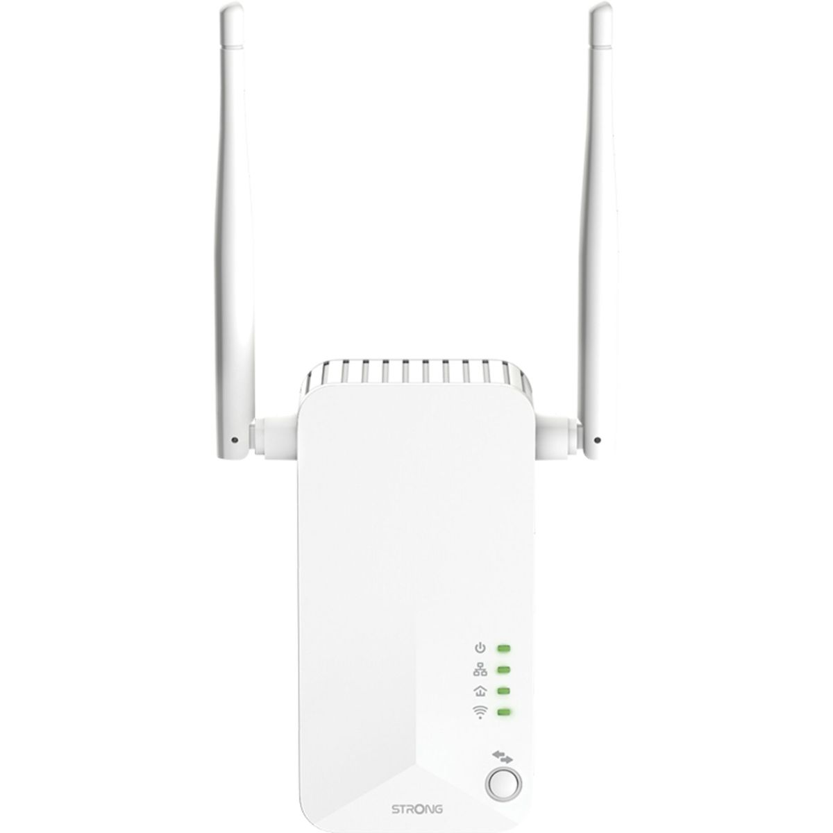 Biały wzmacniacz Wi-Fi z dwiema antenami i lampkami kontrolnymi.