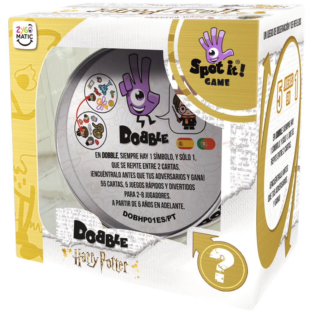 Una caja del juego Spot It! Dobble Harry Potter. La caja es blanca y dorada con imágenes y texto.