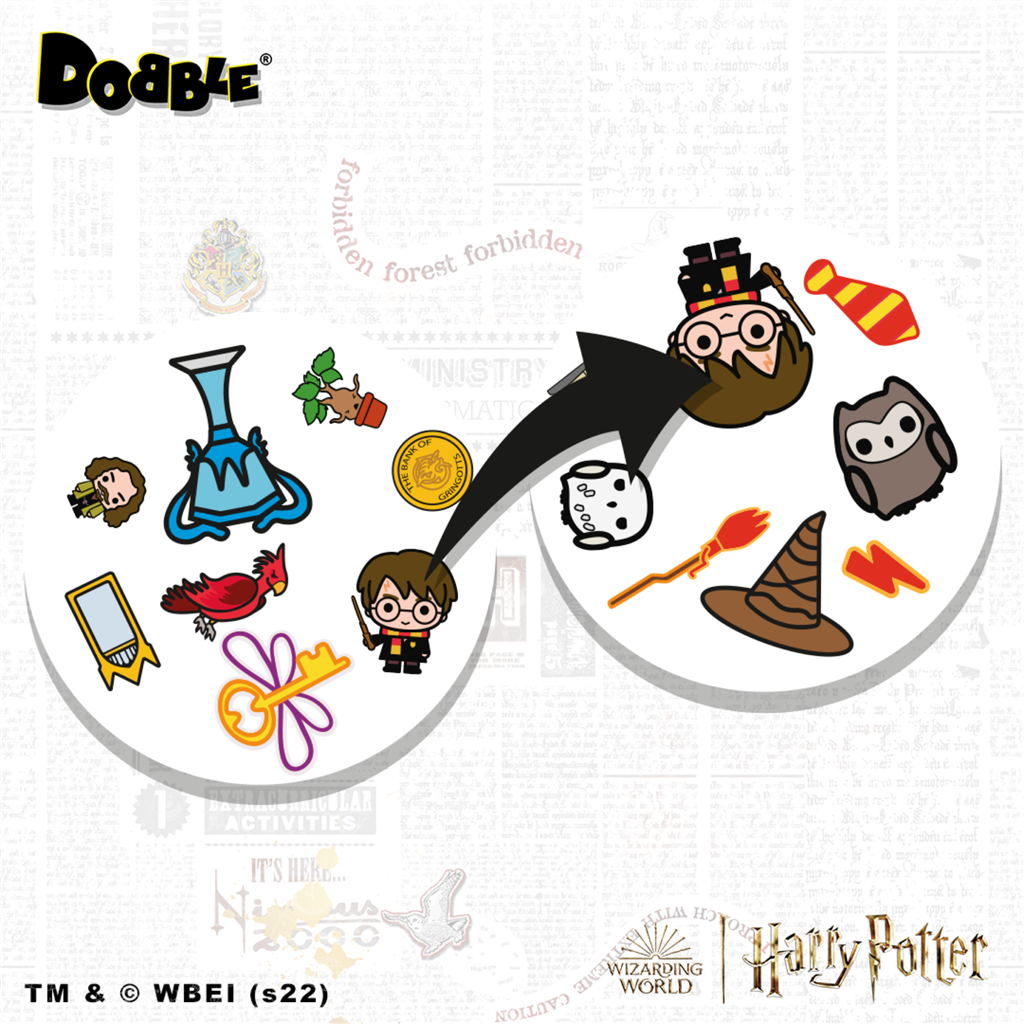 Una carta del juego Dooble con imágenes de Harry Potter como un sombrero, un búho y Harry.