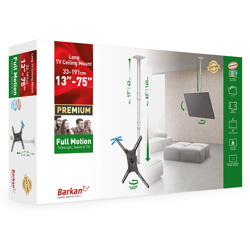 Box for TV ceiling mount, with a TV mount and TV on it. 