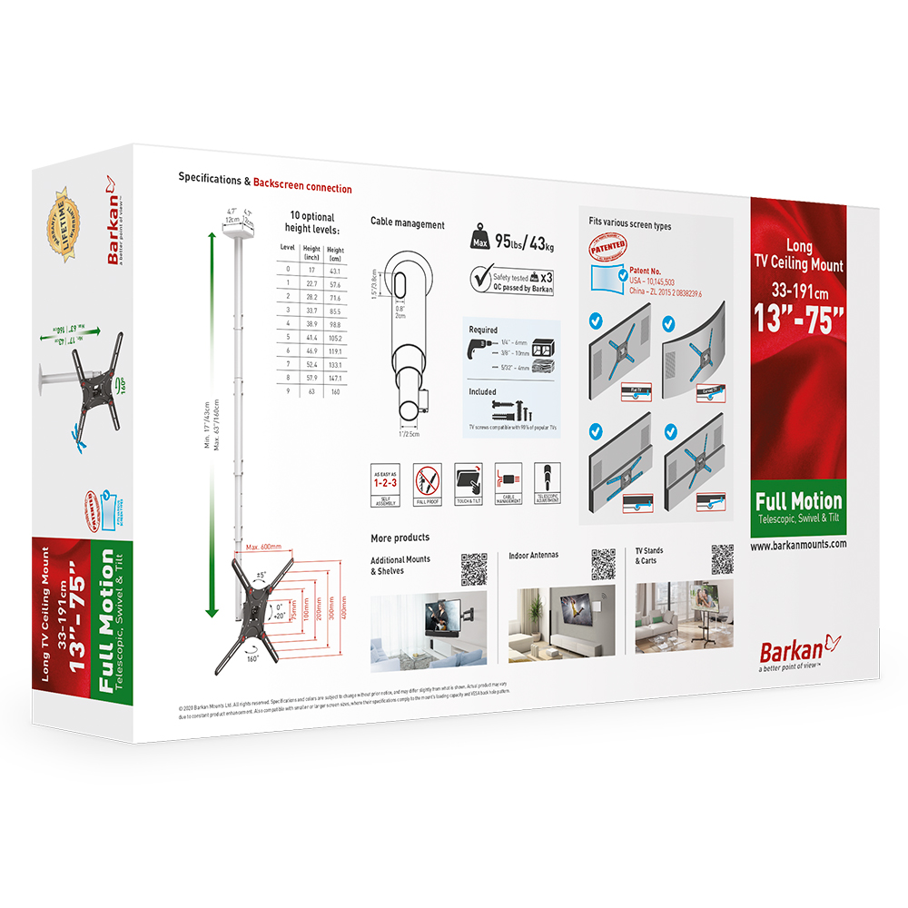 Box with specifications for a long TV ceiling mount, featuring a diagram and text.