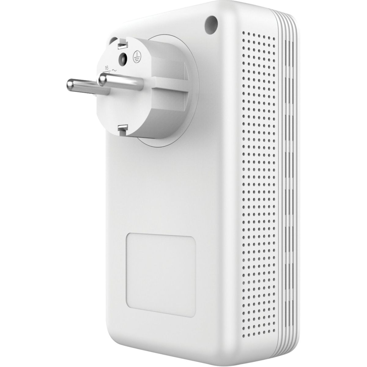 Adaptador de corriente enchufable blanco con enchufe europeo. Tiene ventilaciones y un pequeño indicador.