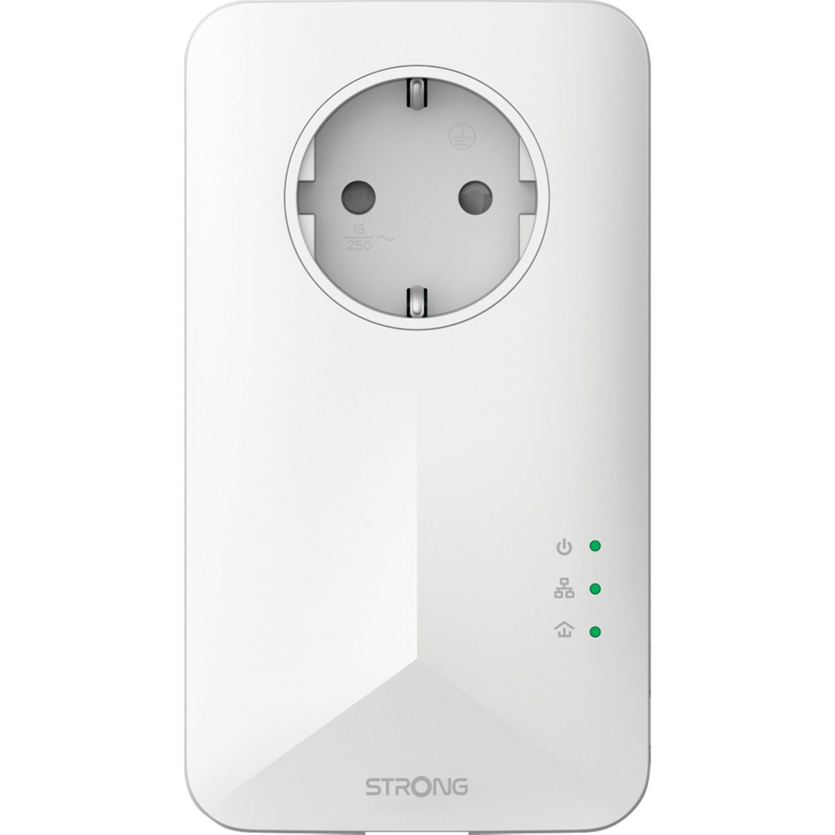 Adaptador de corriente blanco con 3 luces verdes. El adaptador tiene un enchufe.