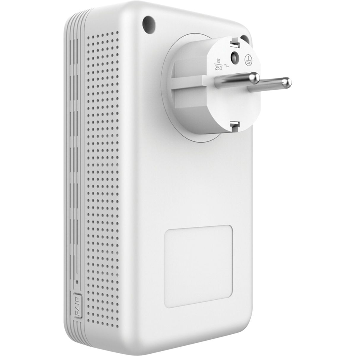Adaptador de línea eléctrica blanco con enchufe. Tiene orificios y una etiqueta.