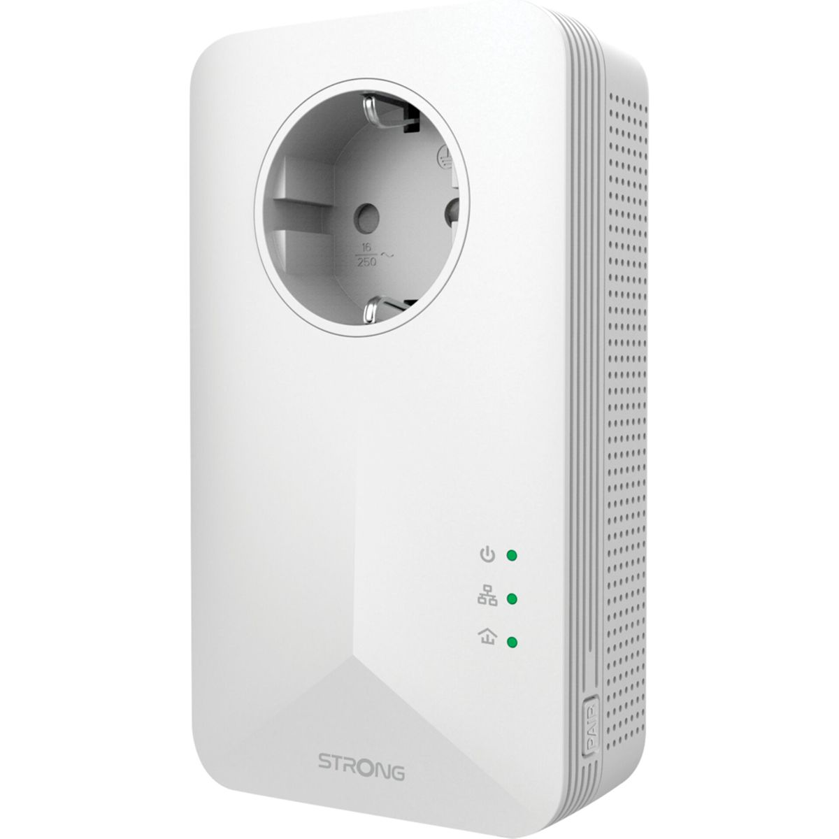 Adaptador de línea eléctrica blanco con tres luces verdes y un enchufe. Logo Strong abajo.