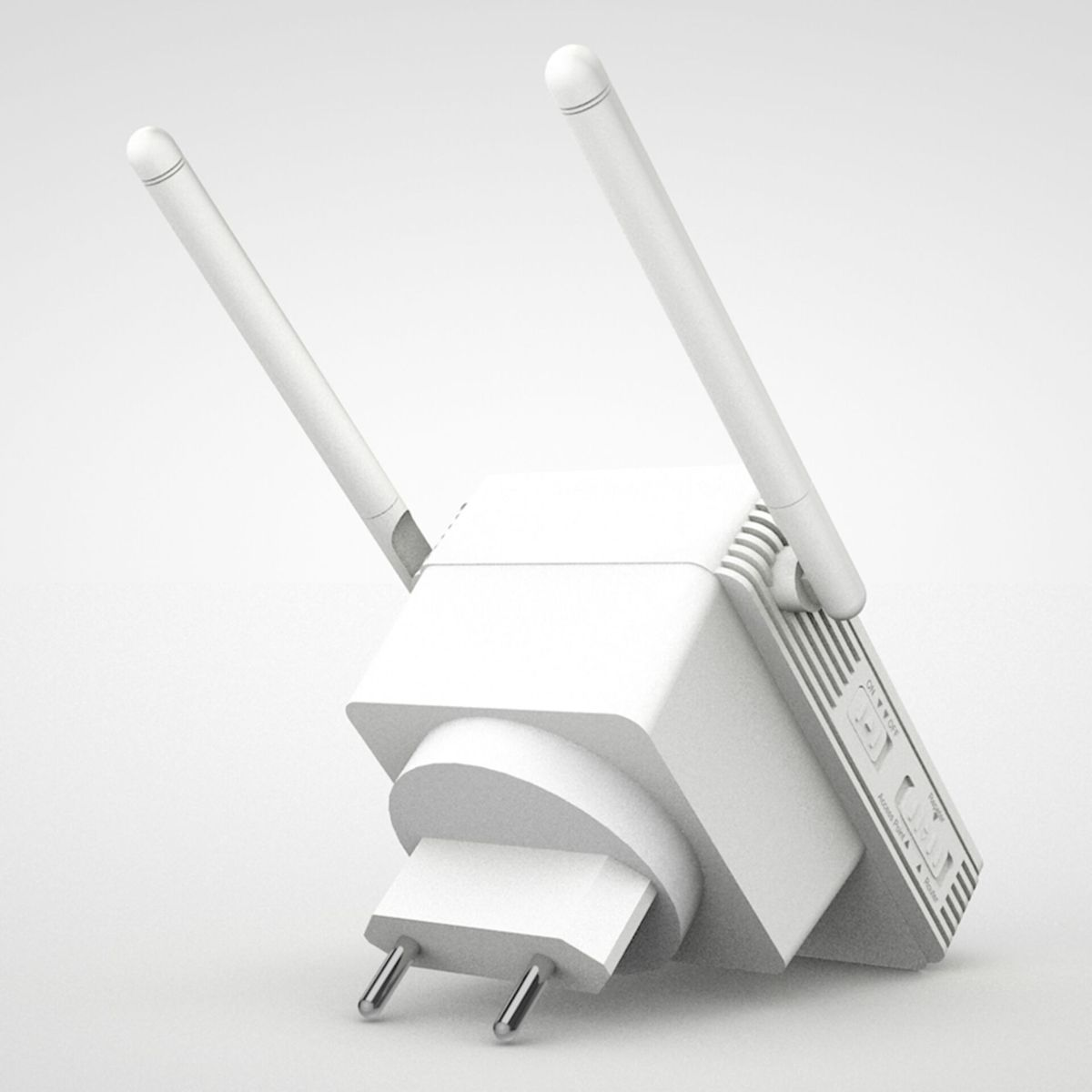 Biały wzmacniacz Wi-Fi z dwiema antenami na białym tle.