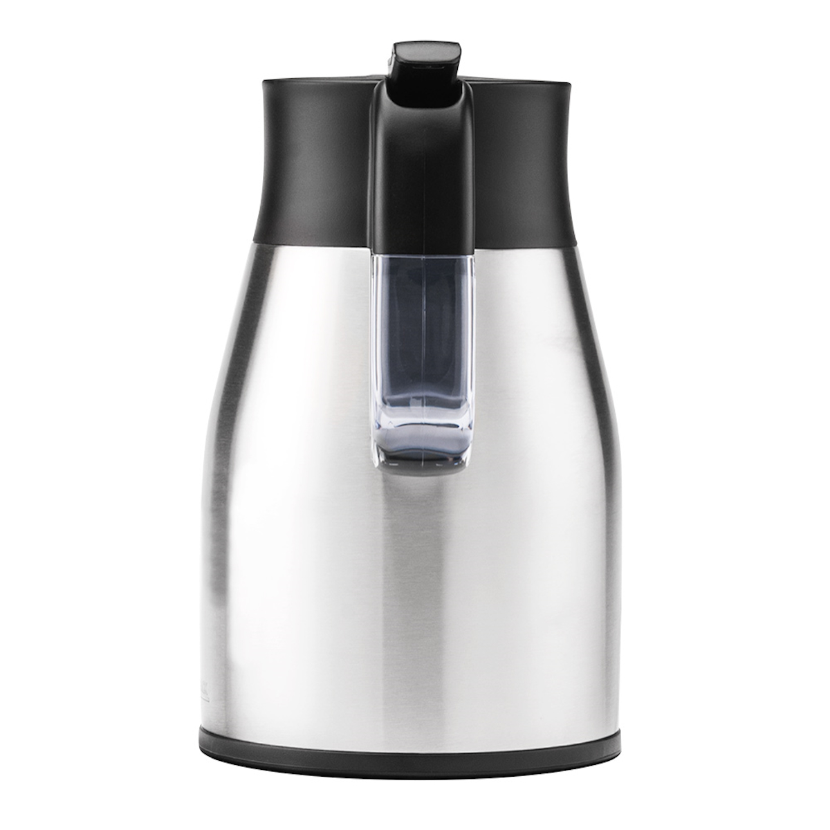 Eine isolierte Wasserkanne aus Edelstahl mit schwarzem Griff und Deckel.