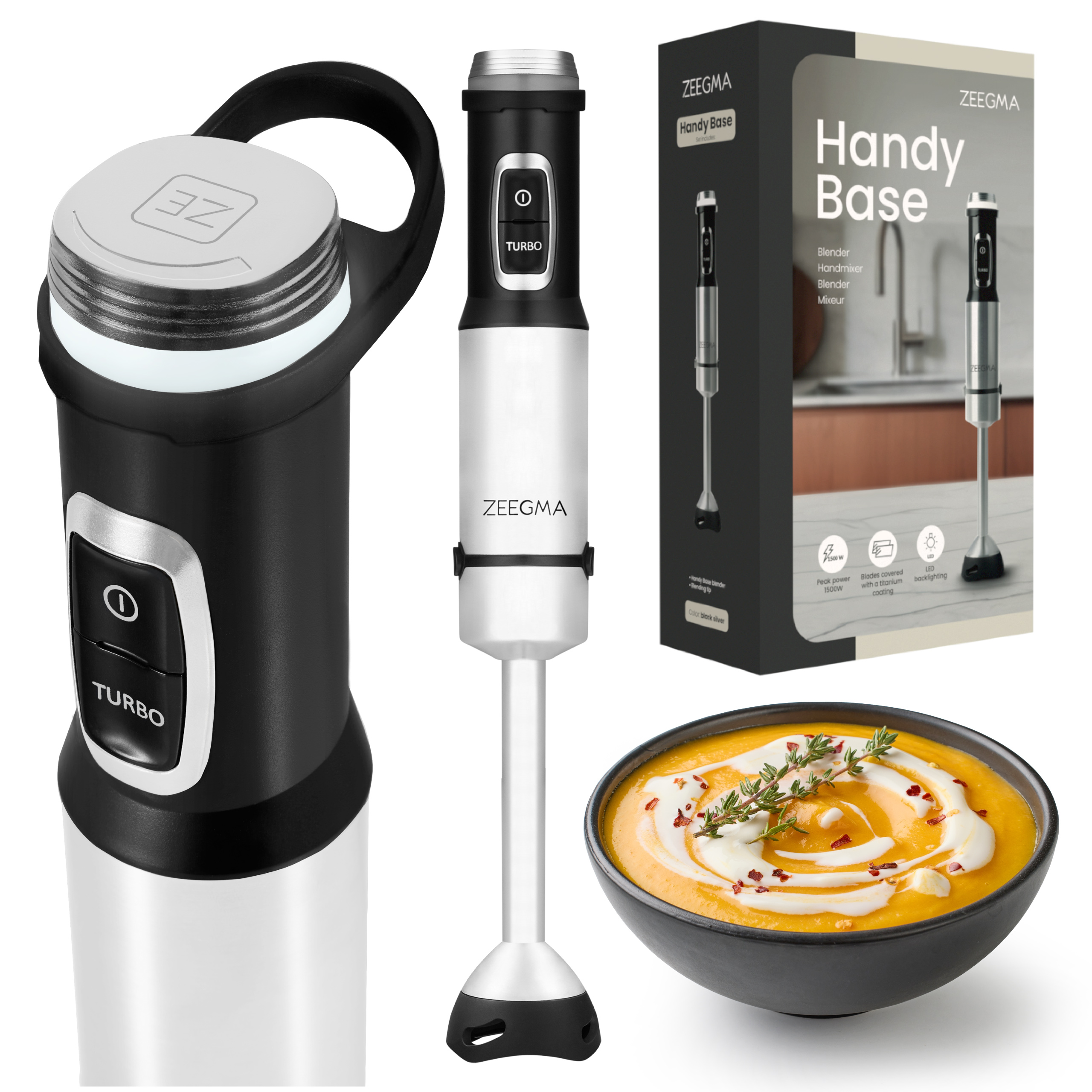Staafmixer met een kom soep. De blender is zwart en wit. De soep is oranje.