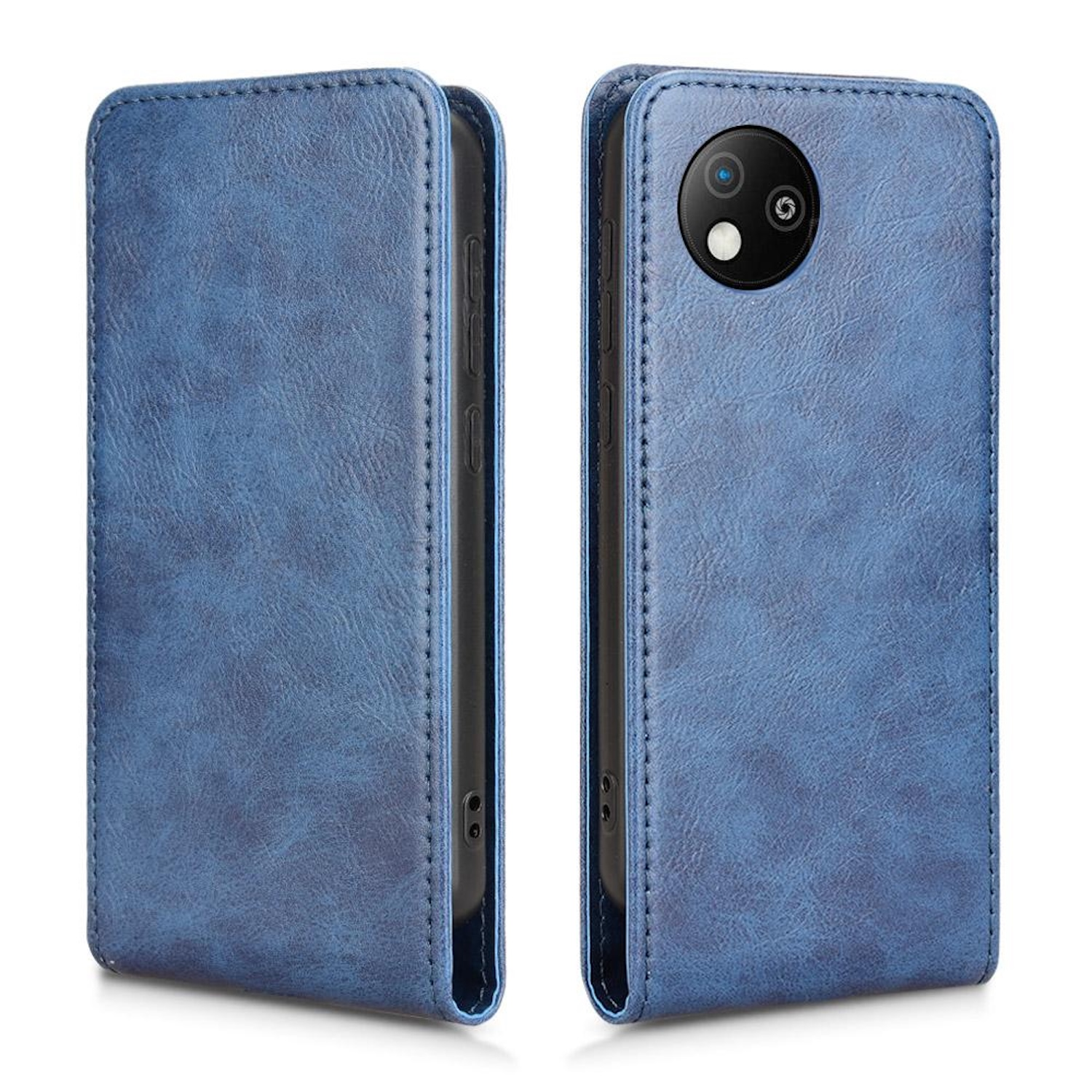 Blaue Leder-Handyhülle, offen und geschlossen, zeigt das äußere Design mit genähten Kanten.