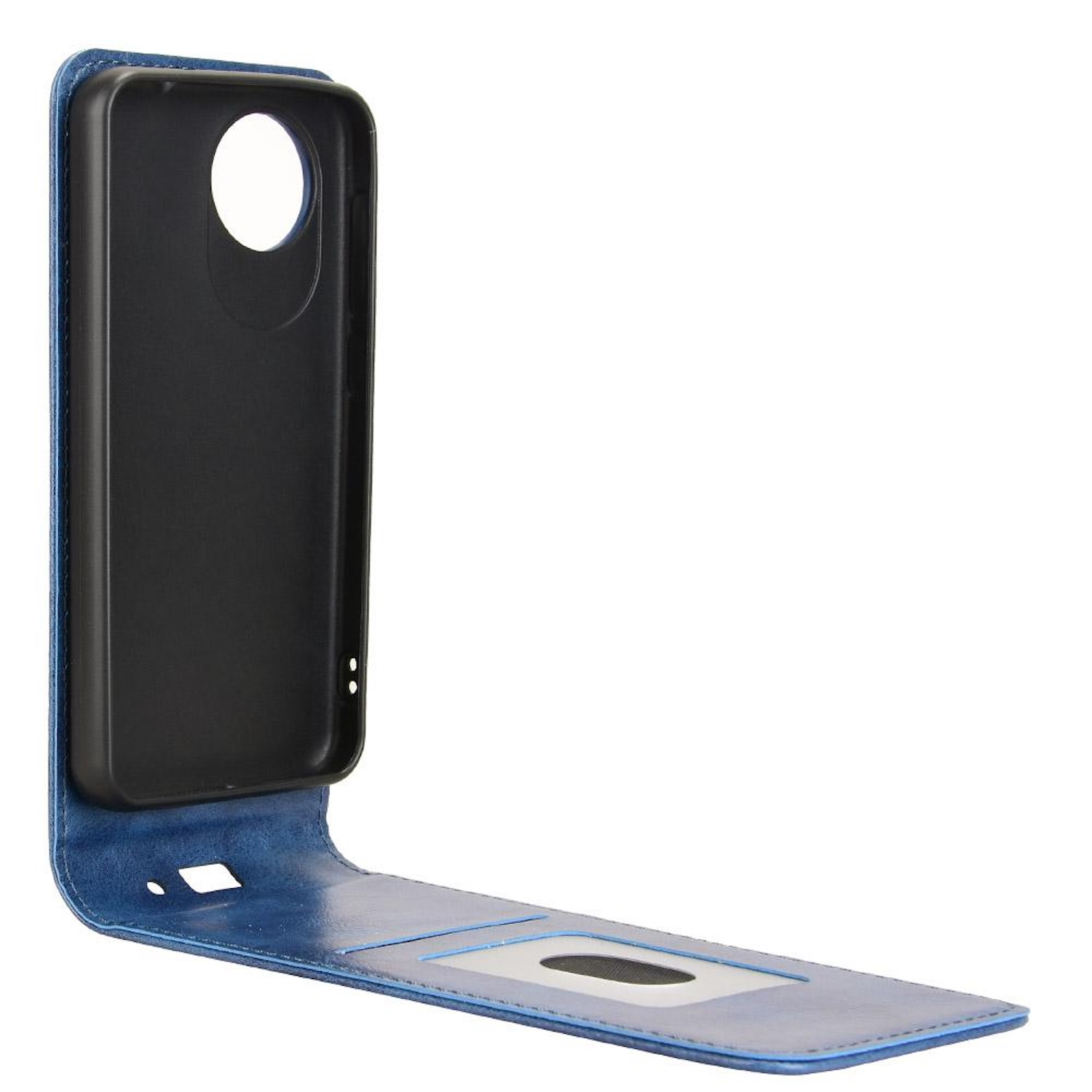 Blaue Handyhülle. Die Handyhülle ist offen. Sie ist blau mit einem schwarzen Telefonhalter.