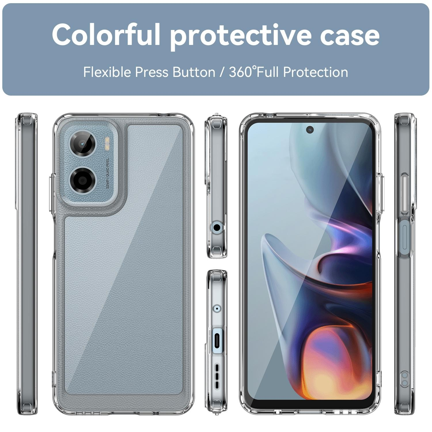 Funda de teléfono con un teléfono dentro. Muestra las vistas frontal, lateral y trasera del teléfono.