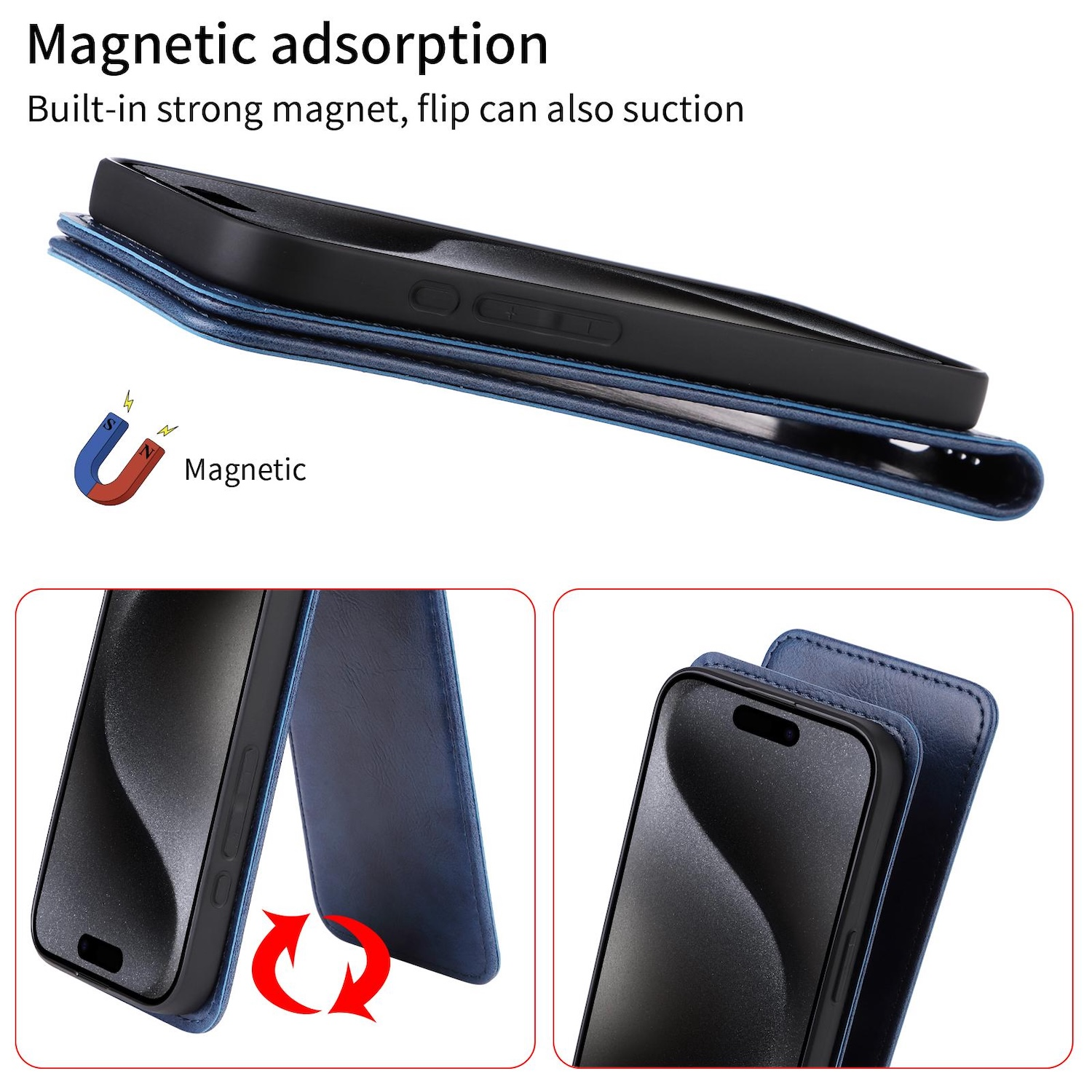 Schwarzes Telefon in blauem Gehäuse. Gehäuse geschlossen, dann geöffnet, um Telefon zu zeigen. Magnetische Adsorption.