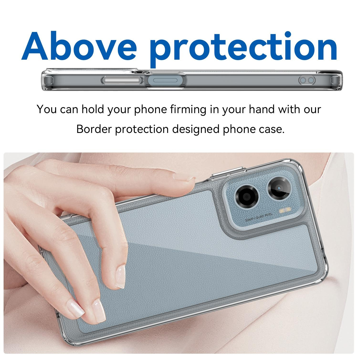 Funda de teléfono con teléfono dentro, mano de mujer sosteniendo el teléfono, texto arriba.