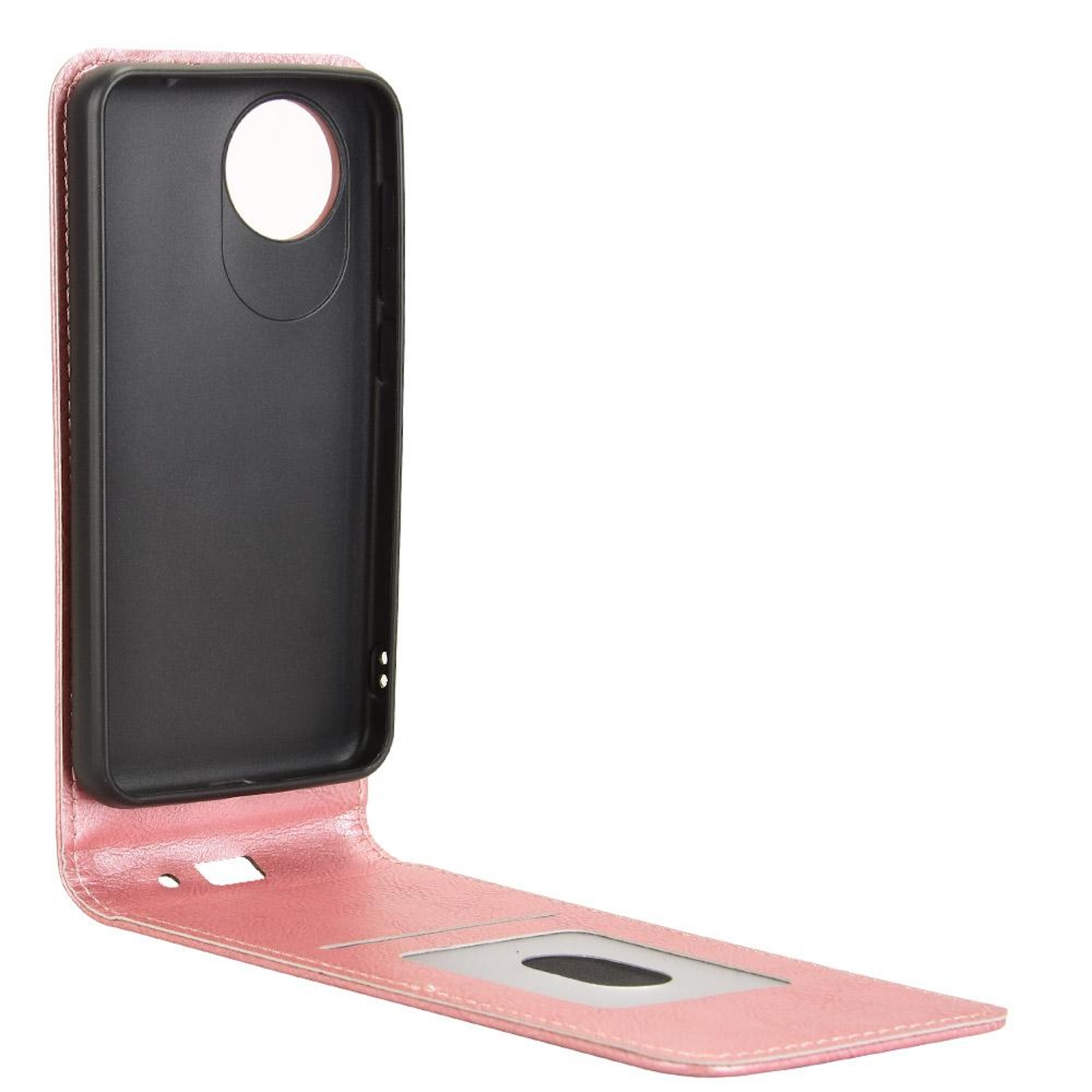 Eine pinkfarbene Handyhülle, geöffnet, um das Telefon und einen Kartensteckplatz zu zeigen.