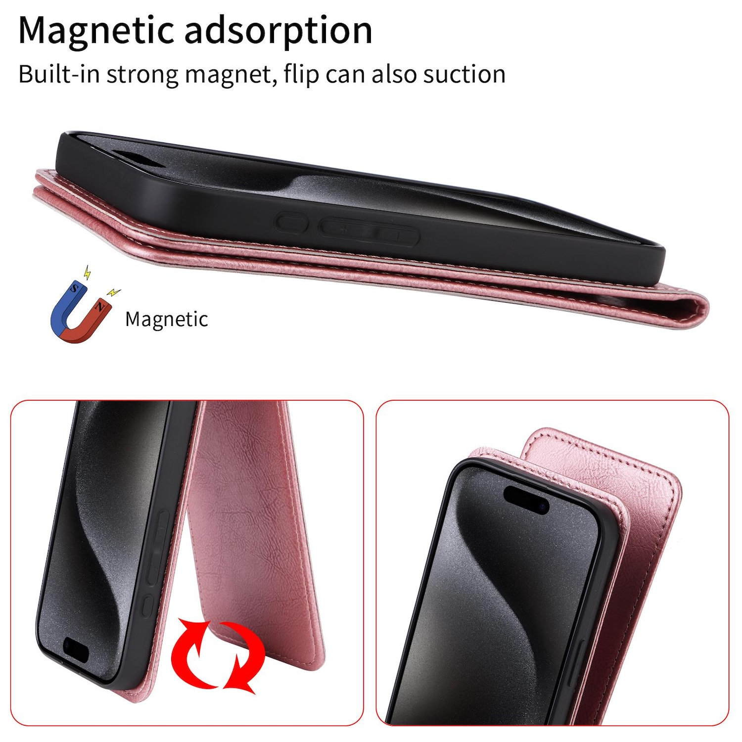 Eine Handyhülle mit einem Telefon darin, die einen Magnetverschluss und eine rosa Außenseite zeigt.
