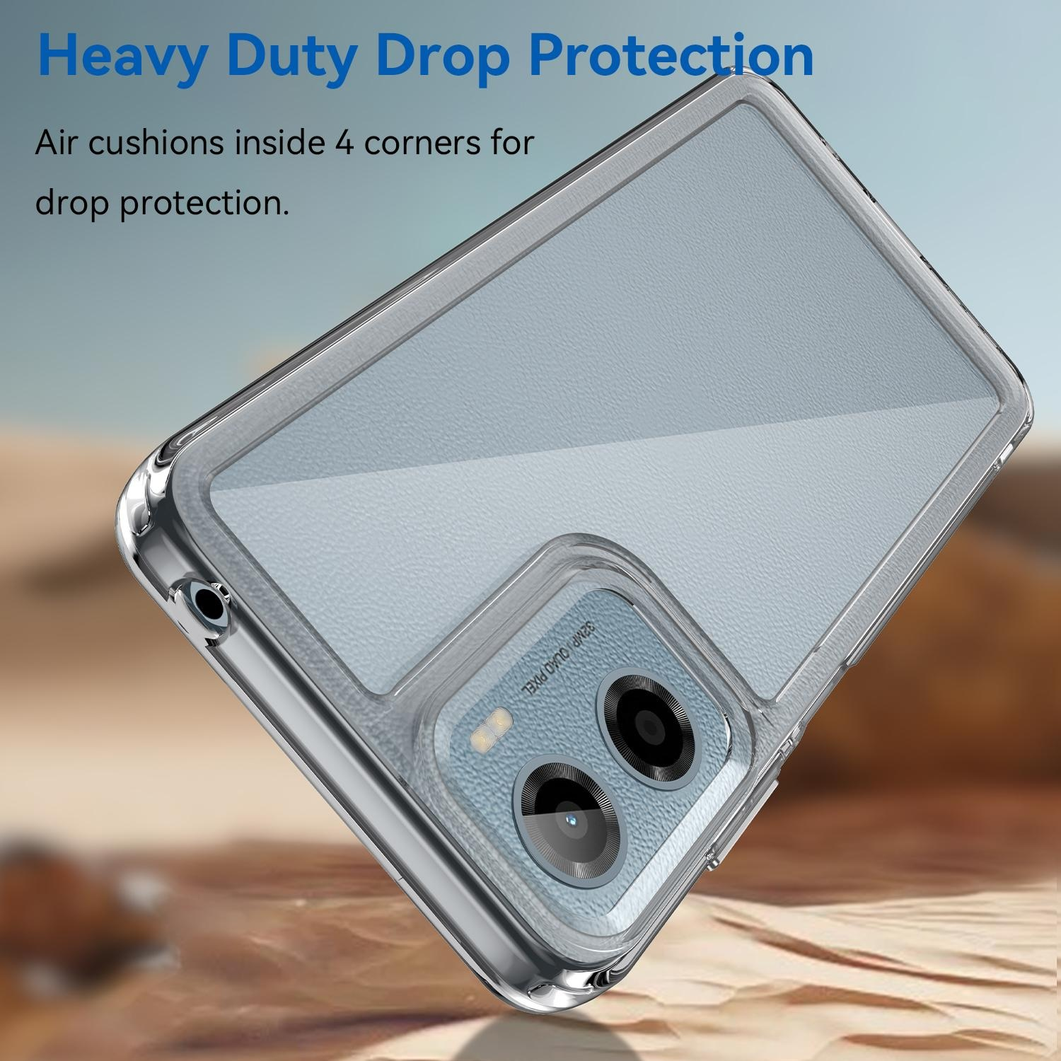 Una funda de teléfono, transparente con borde plateado, mostrando la parte trasera de un teléfono. Está en un desierto.