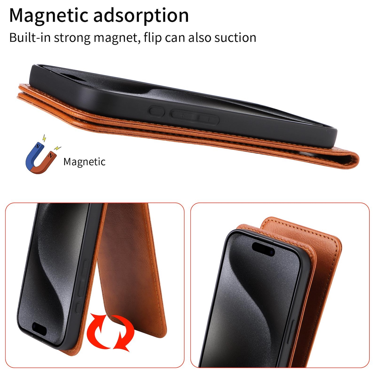 Ein schwarzes Telefon in einer braunen Hülle mit magnetischem Verschluss.