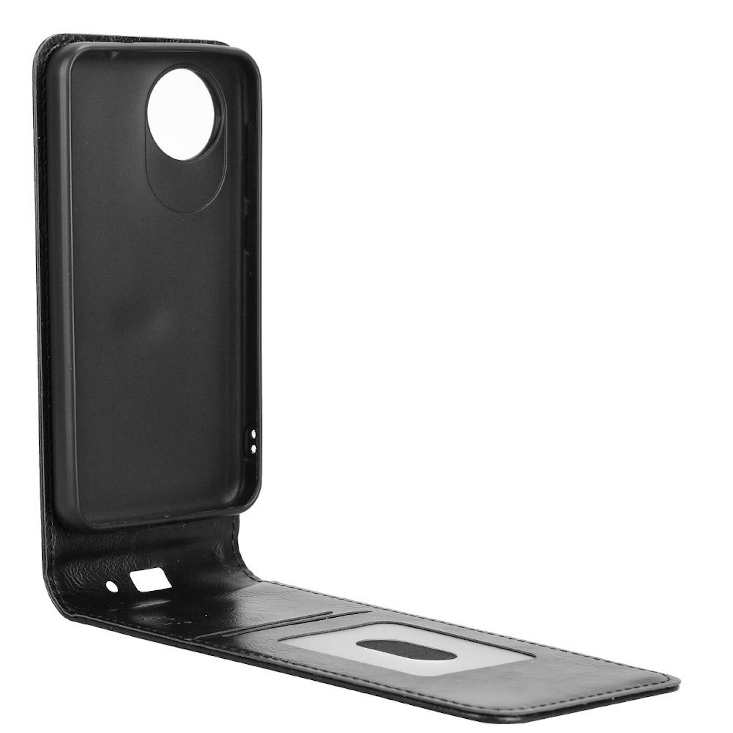 Schwarze Handyhülle, offen, mit durchsichtigem Fenster und Platz für ein Handy.