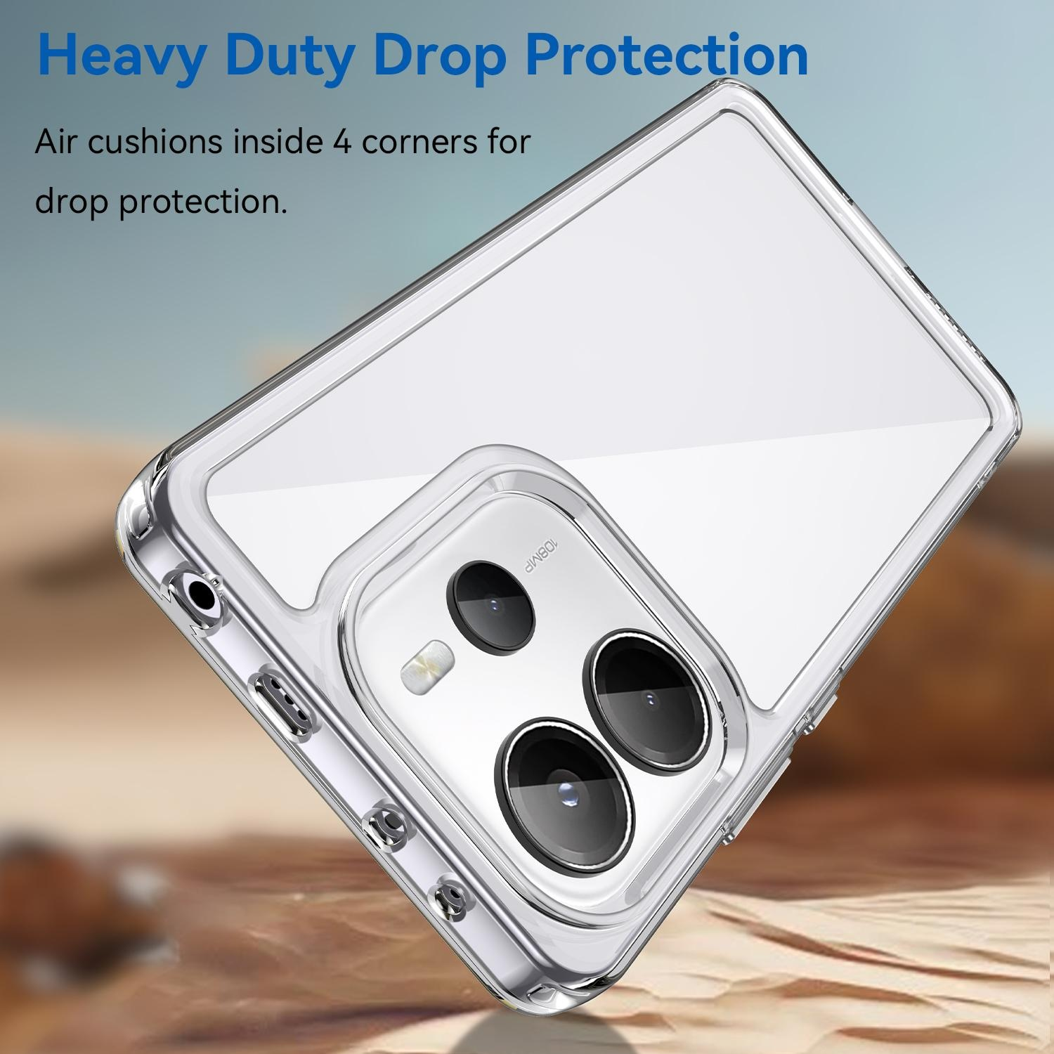 Una funda transparente con un teléfono dentro. El texto dice: "Heavy Duty Drop Protection".