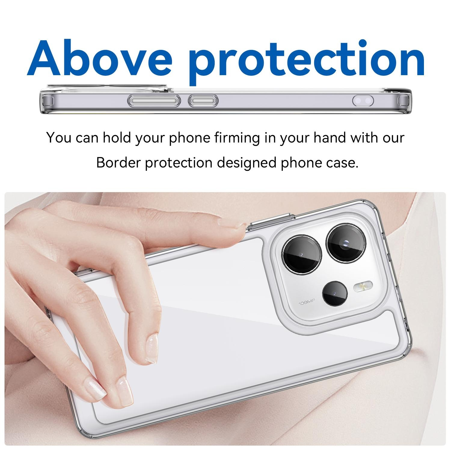 Una funda transparente para teléfono es sostenida por una mano. Cubre el teléfono con área de cámara.