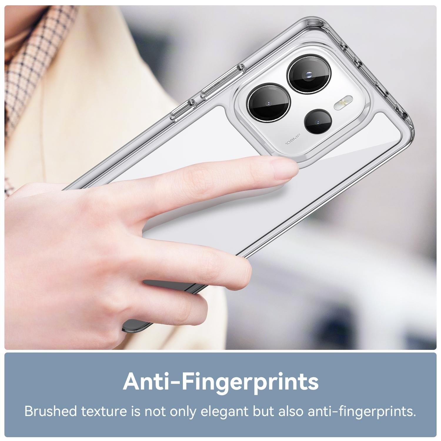Funda transparente para teléfono. Dos lentes de cámara. Texto: 'Anti-Huellas'. Mano sostiene la funda.
