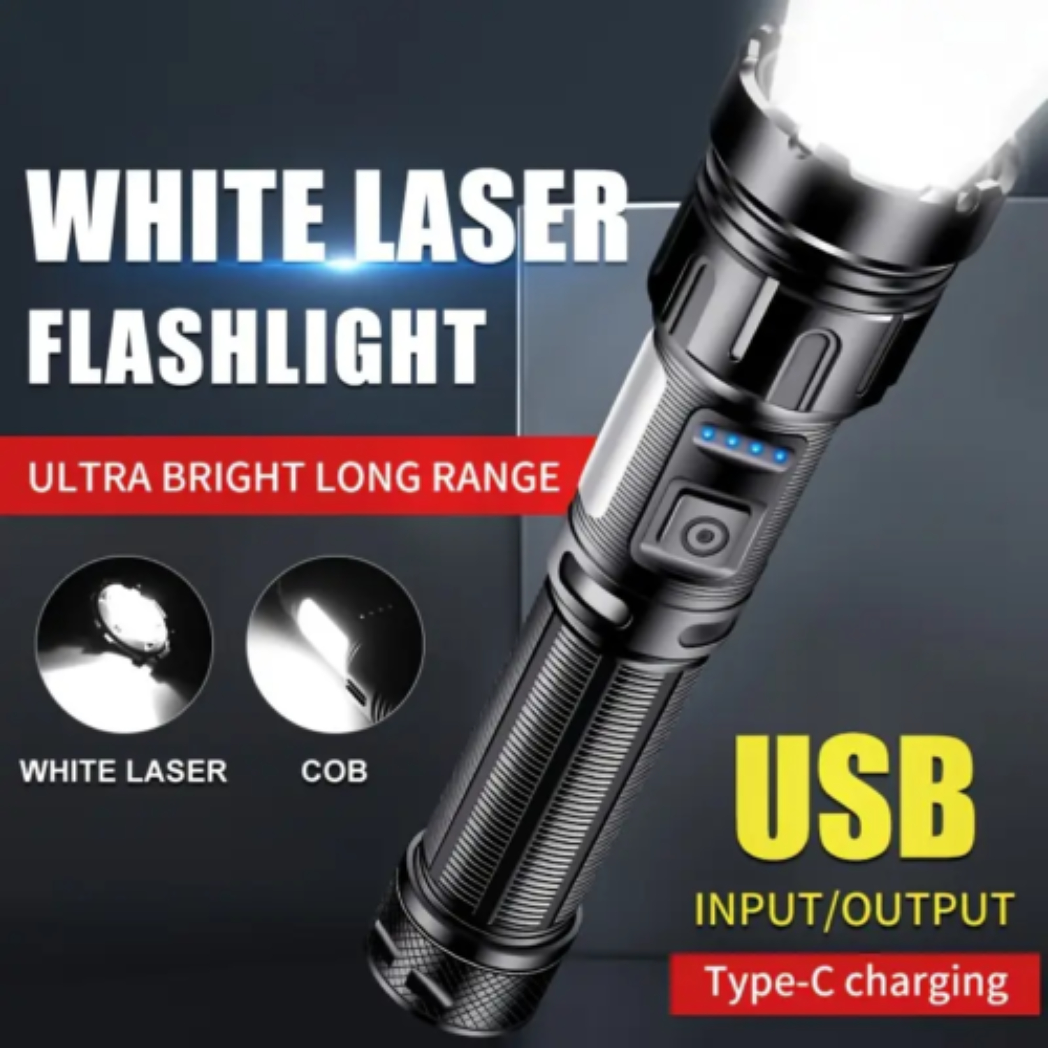 Schwarze Taschenlampe mit der Aufschrift 'White Laser Flashlight'. Zeigt USB-Ein-/Ausgang und Typ-C-Aufladung.