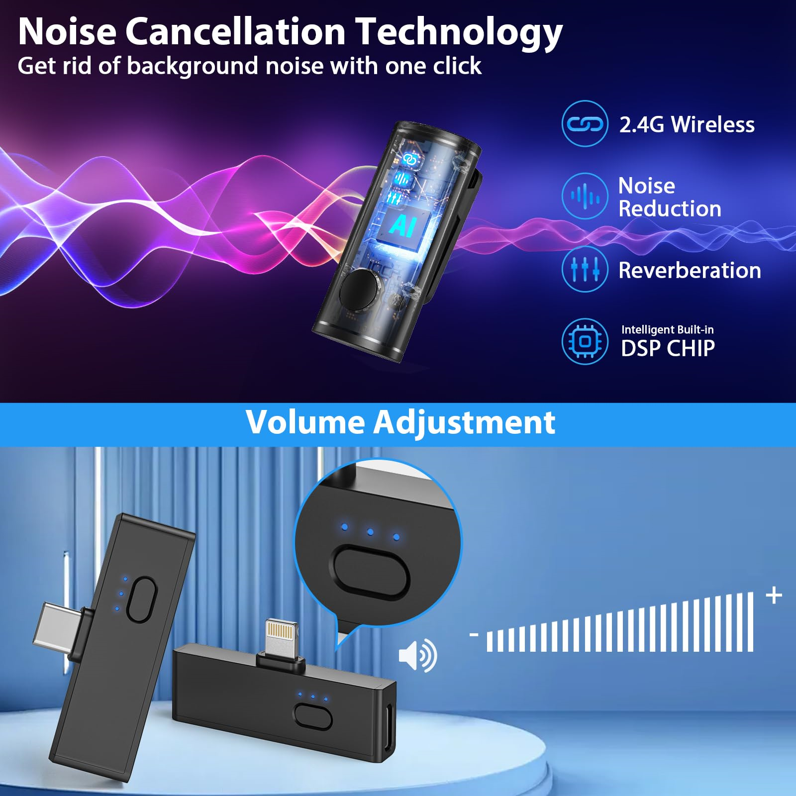 Schwarzes Gerät mit Knöpfen und einem Bildschirm. Text sagt 'Noise Cancellation Technology'. Zeigt Lautstärkeregelung.