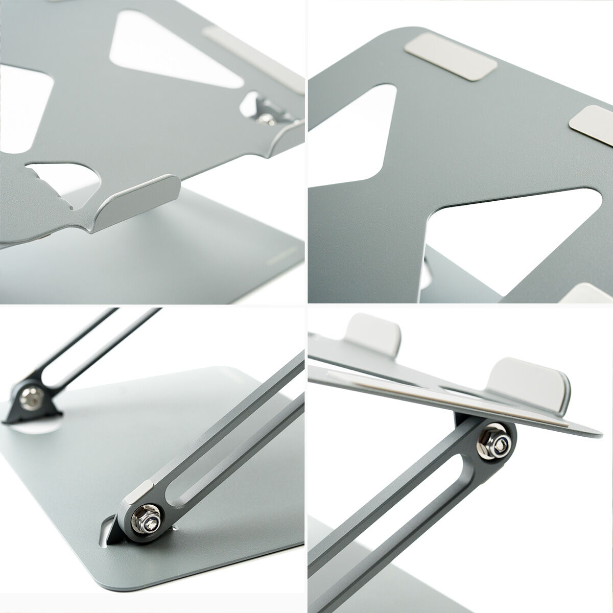 Supporto per laptop argentato. Mostra i dettagli in primo piano. Sfondo bianco.