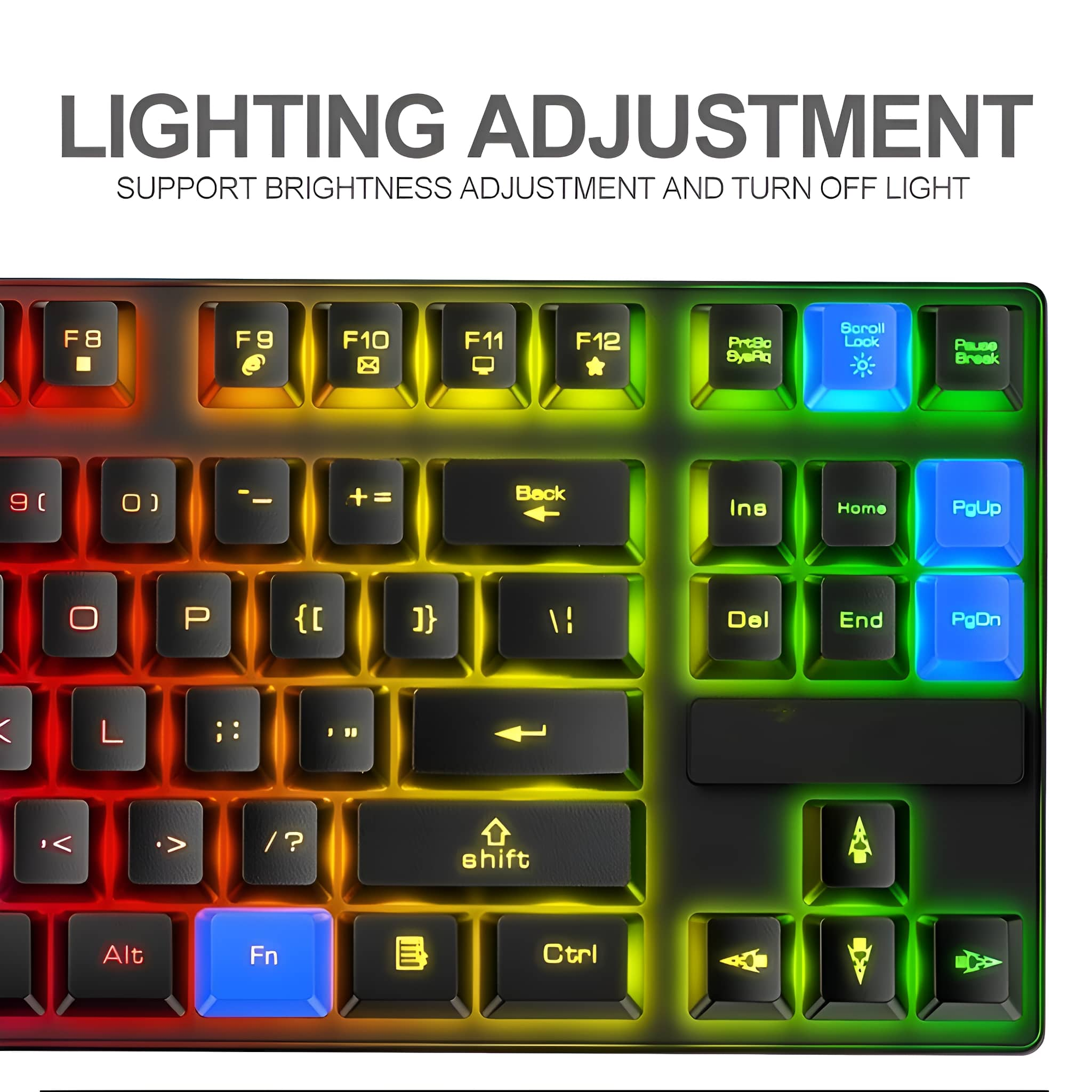 Beleuchtete Tastatur mit mehrfarbigen Tasten, die Beleuchtungseinstellungen zeigen.