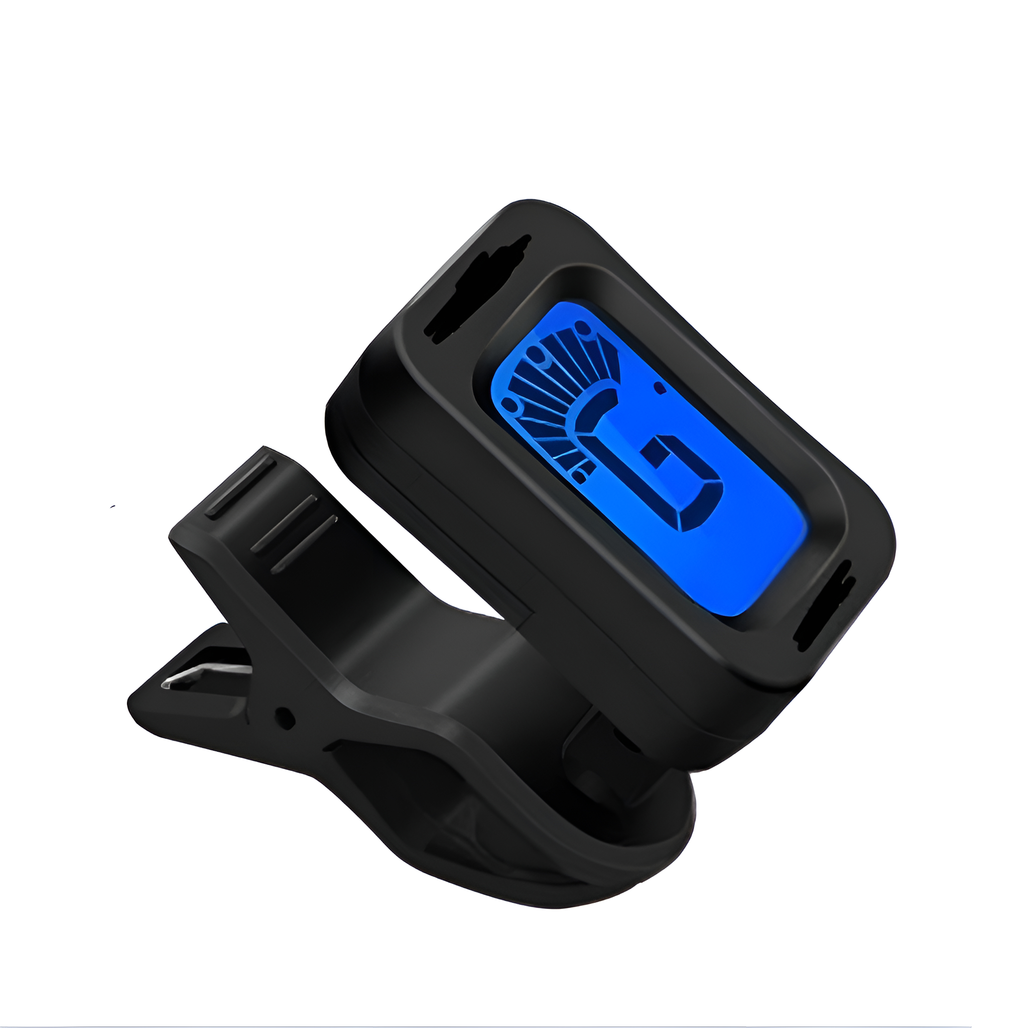 Schwarzer Tuner mit Clip, blaues Display mit Musiknote, schwarzes Gehäuse.