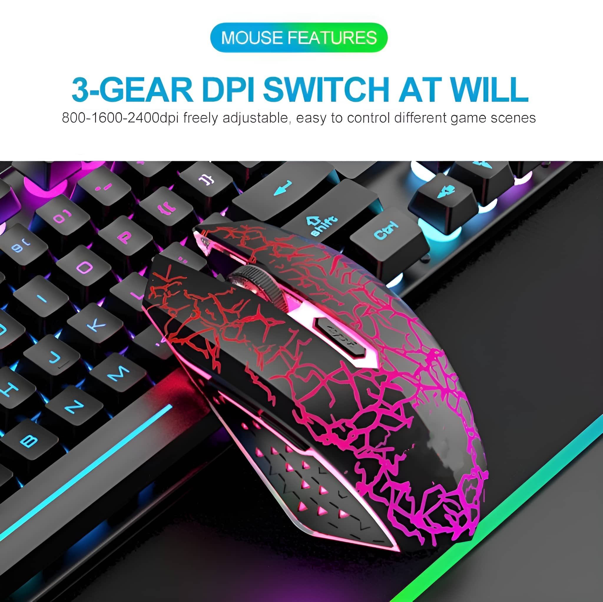 Eine schwarze und rote Gaming-Maus liegt auf einer Tastatur. Die Maus hat ein gemustertes Design und ist beleuchtet.