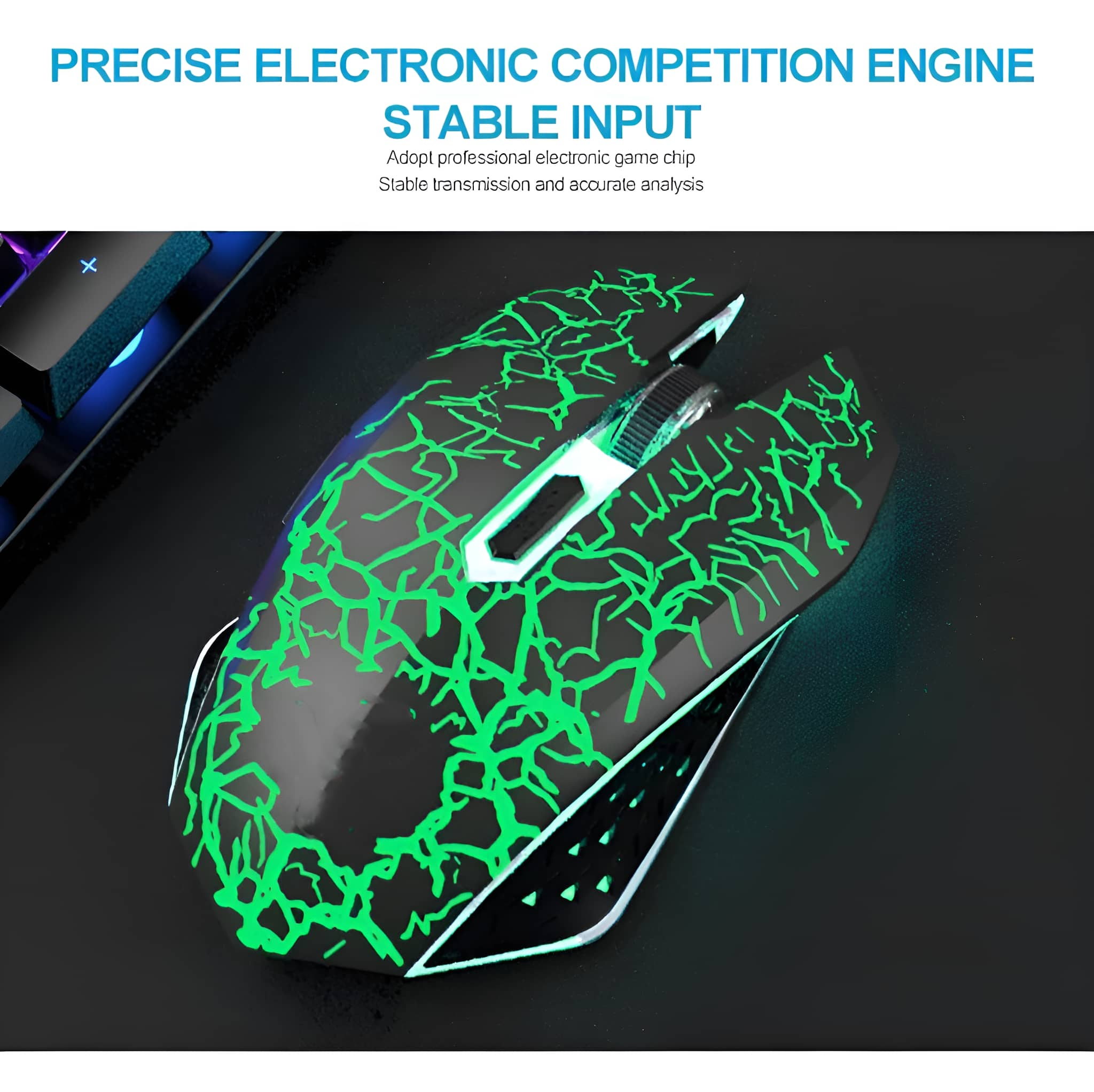 Gaming-Maus mit grünem Neonmuster auf Schwarz. Die Maus hat ein Scrollrad und Tasten. Dunkle Oberfläche.