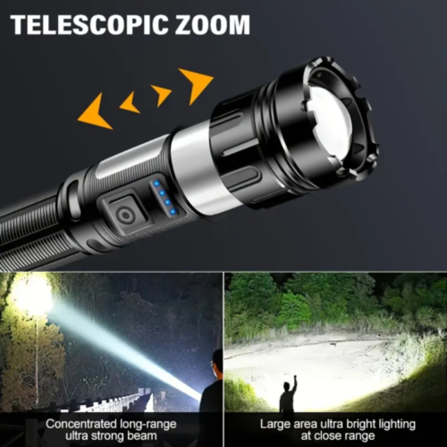 Schwarze Taschenlampe mit Teleskopzoom. Sie hat einen starken Strahl, und die Leistungsanzeige ist sichtbar.