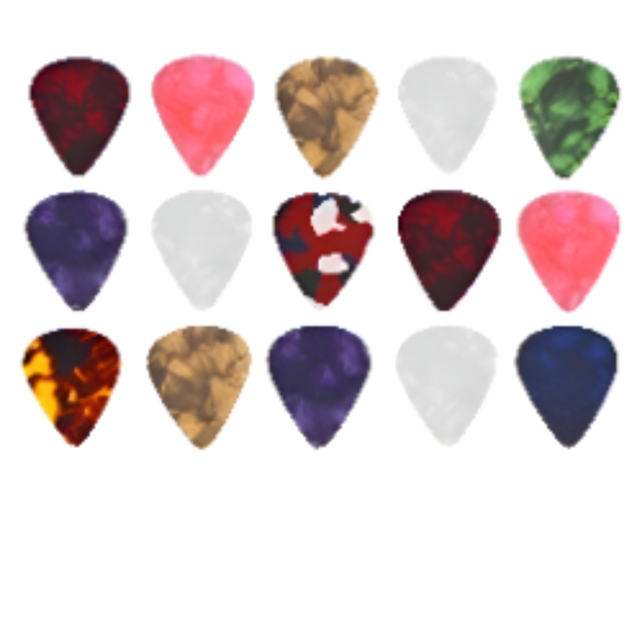 Eine Sammlung bunter Gitarrenplektren. Verschiedene Farben und Muster. Weißer Hintergrund.