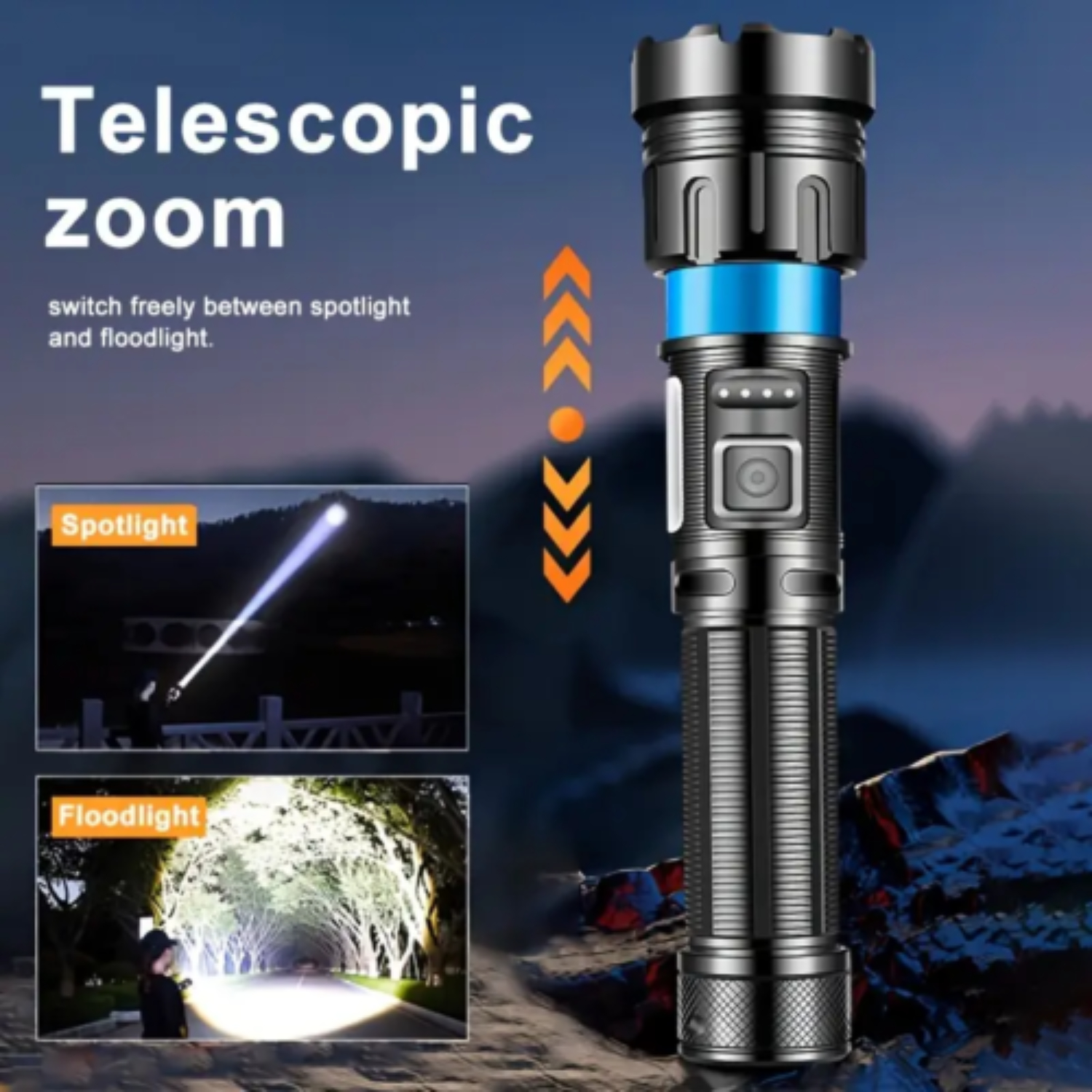 Eine schwarze Taschenlampe mit blauem Akzent. Das Bild zeigt Spot- und Flutlichtmodi.