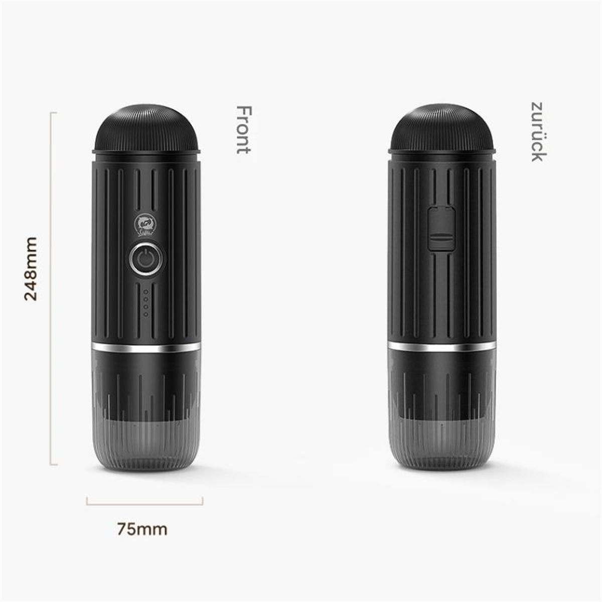 Schwarzer zylindrischer Kaffeezubereiter mit Vorder- und Rückansicht. Abmessungen: 248 mm Höhe, 75 mm Breite.