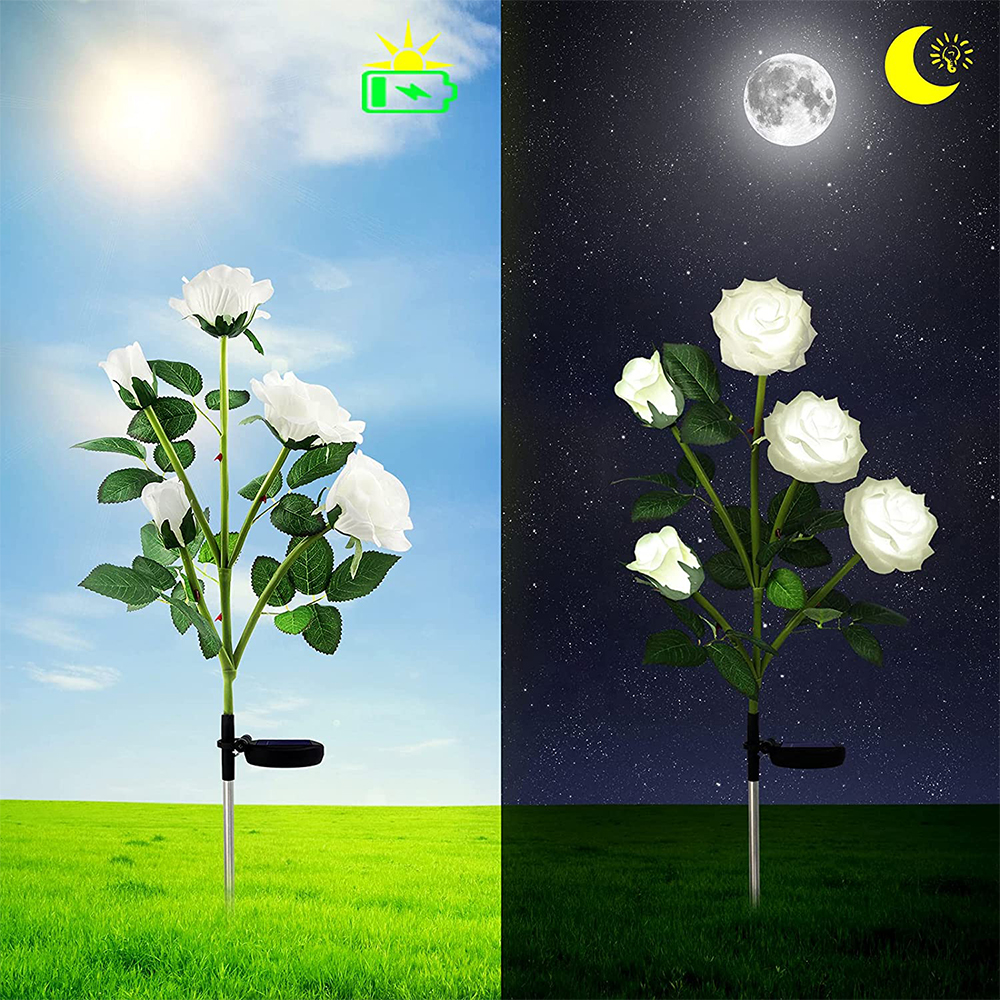 Solarbetriebene künstliche Rosen. Zeigt Tag- und Nachtszenen mit Sonnen- und Mondsymbolen.