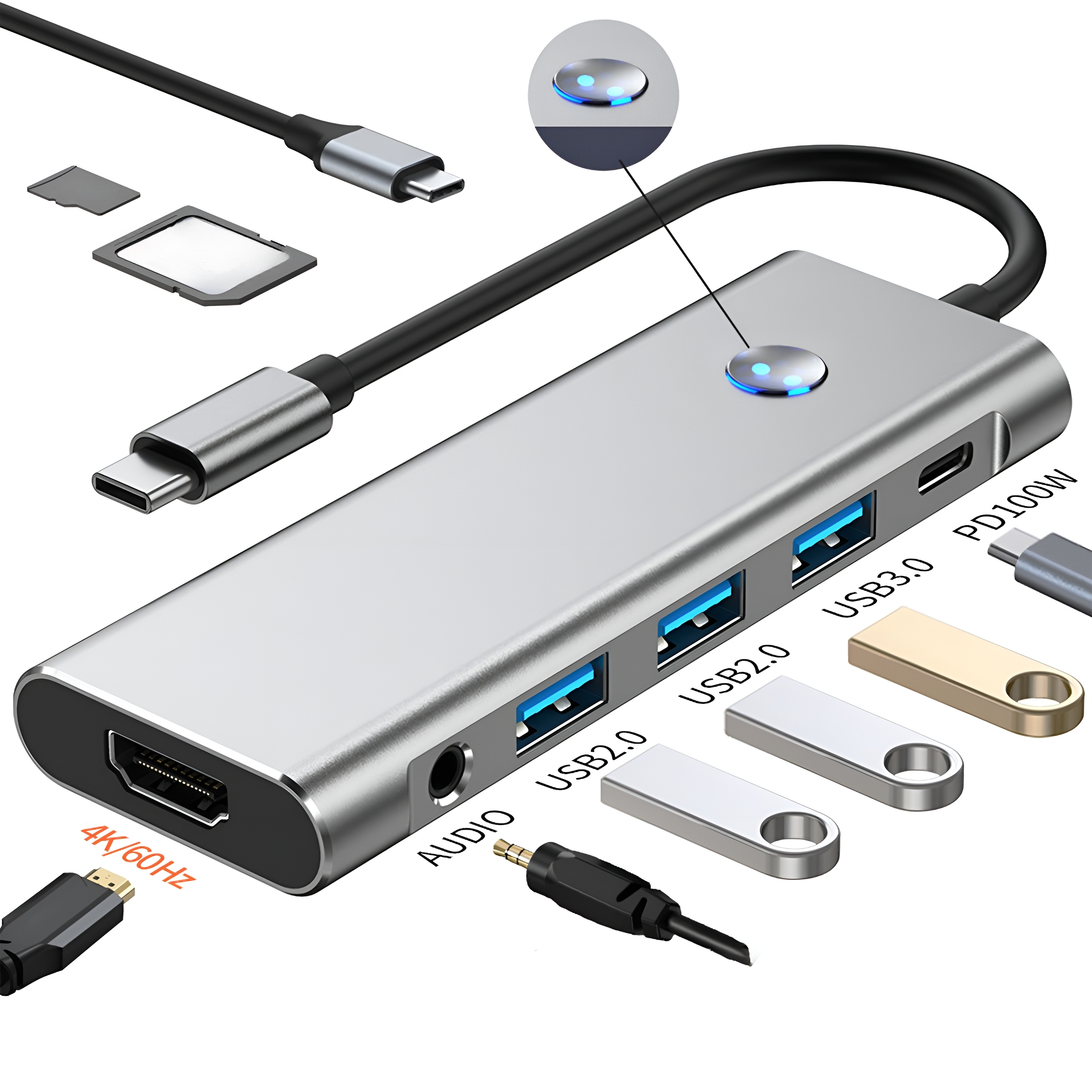 Silberner USB-C-Hub mit mehreren Anschlüssen. Enthält USB 3.0, USB 2.0, HDMI und andere.