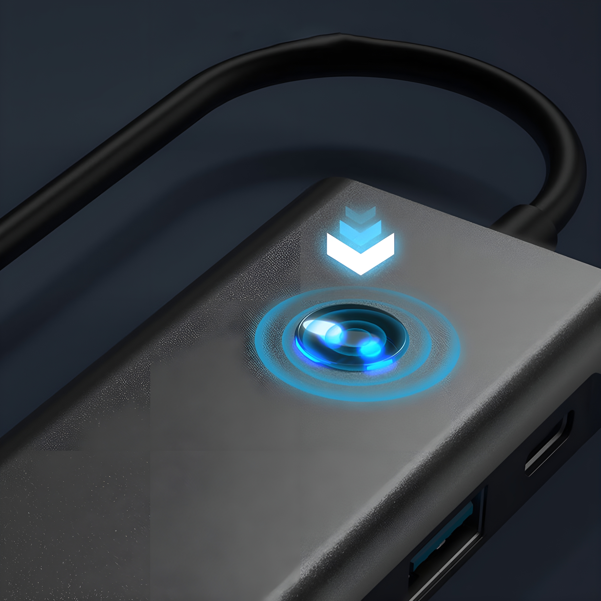Nahaufnahme eines schwarzen USB-Hubs mit blau leuchtendem Licht am Power-Knopf und USB-Kabel.