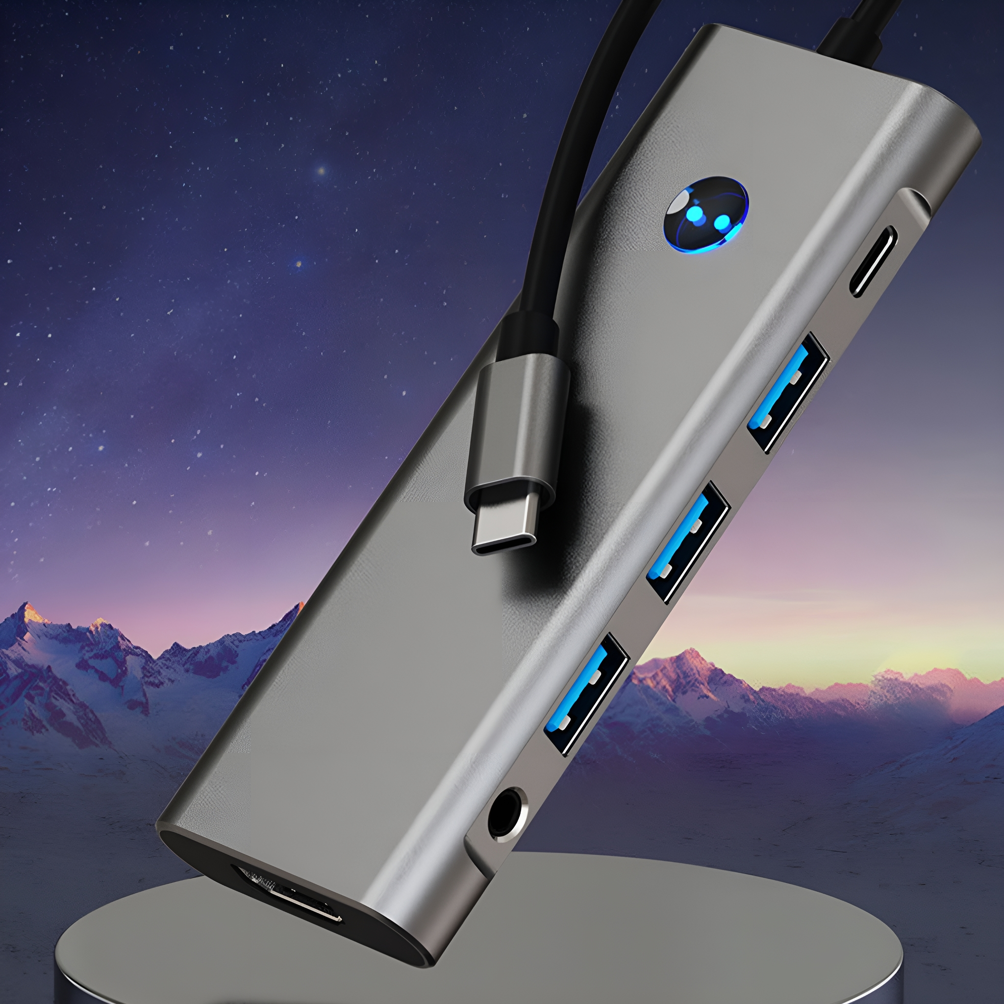 Silberner USB-Hub mit mehreren Anschlüssen und einem Ladekabel, auf kreisförmiger Basis, vor sternenklarem Nachthimmel.