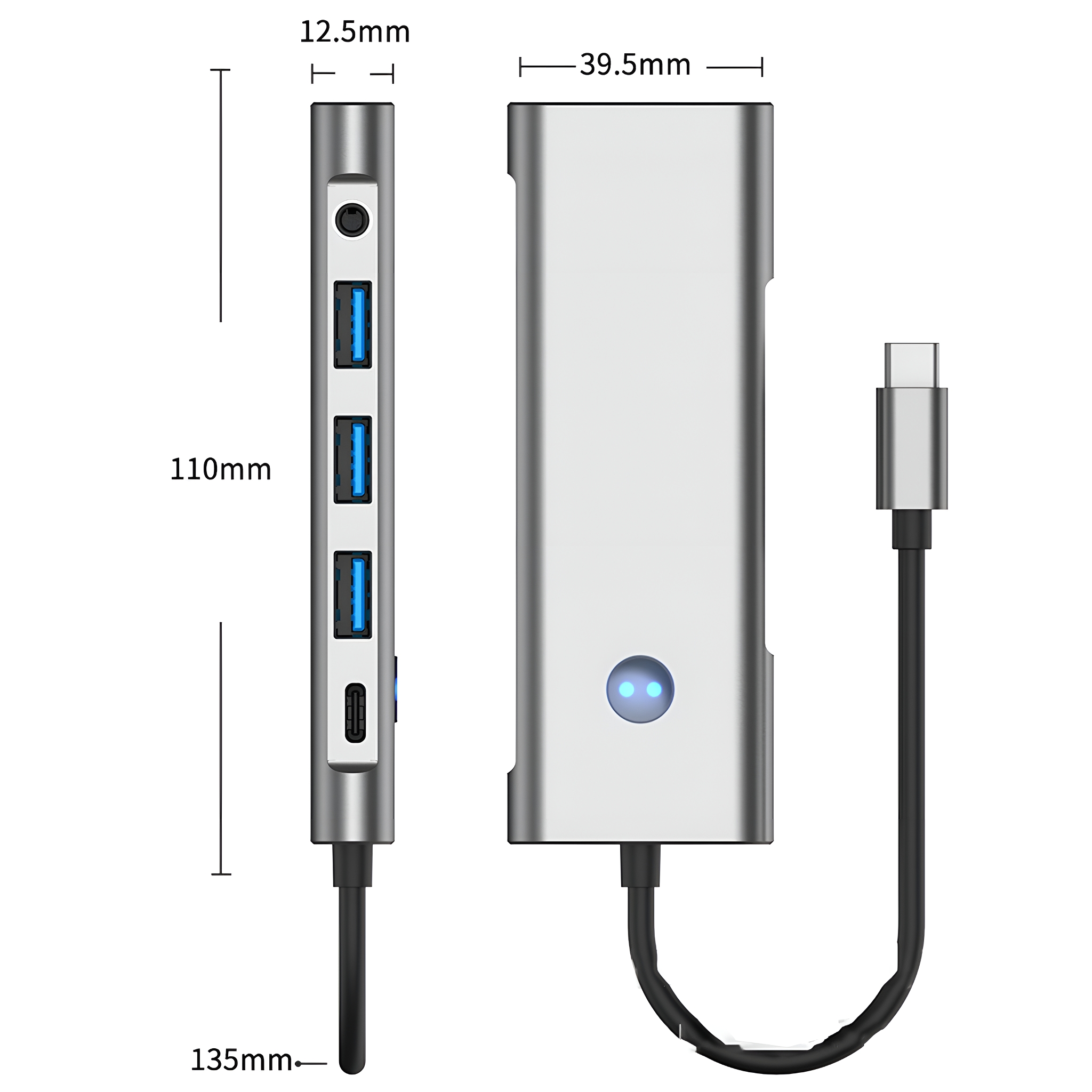 Silberner USB-Hub mit mehreren Anschlüssen und einem angeschlossenen Kabel.