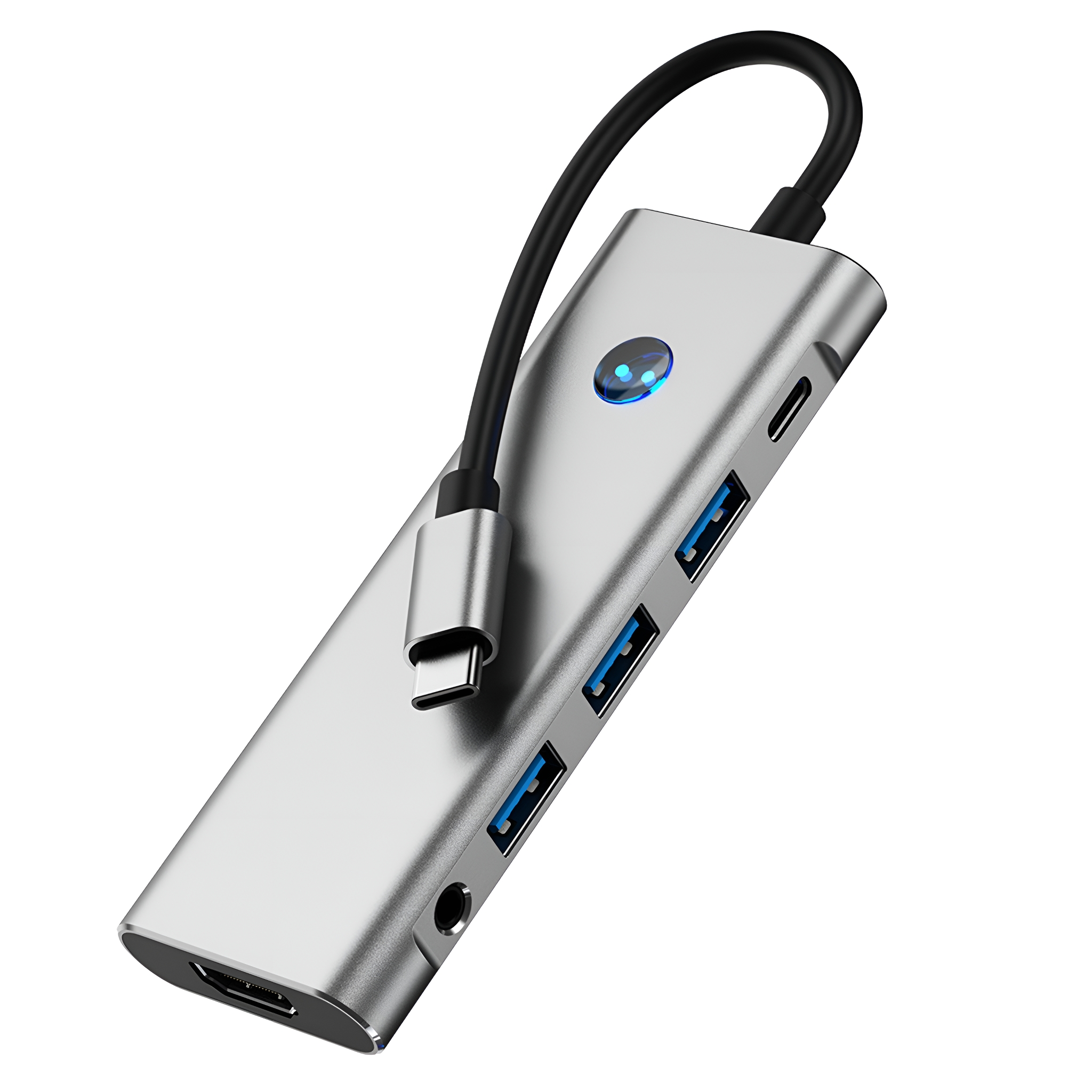 Silberner USB-Hub mit mehreren Anschlüssen und einem schwarzen Kabel. Weißer Hintergrund.