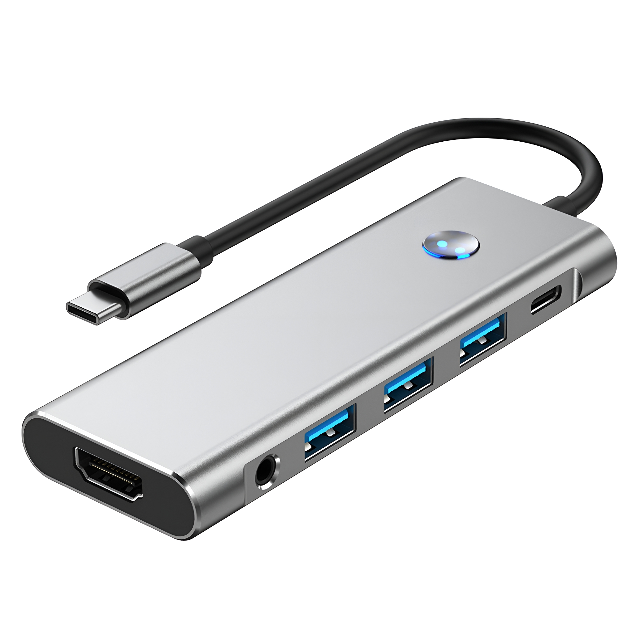 Silberner USB-Hub mit mehreren Anschlüssen und einem USB-C-Anschluss. Enthält HDMI, USB und mehr.