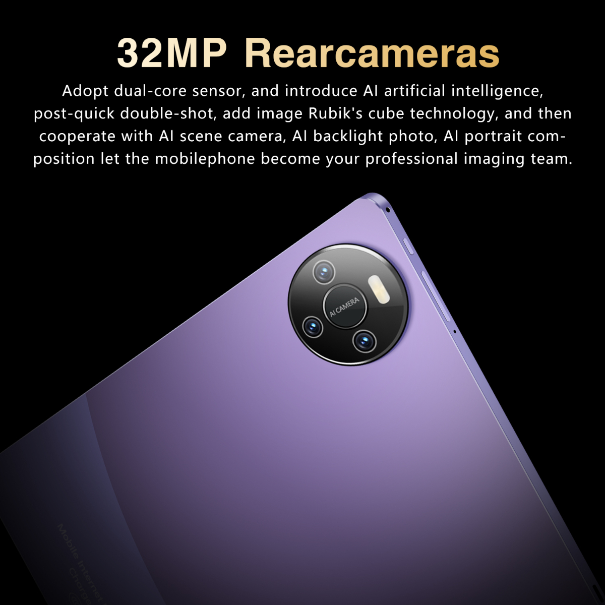 Rückseite des lila Telefons mit Kamera. Text: 32MP Rückkameras. Kameralinse und KI-Kamera-Text.