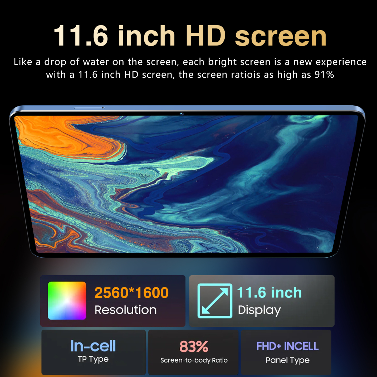 Ein blaues Tablet auf weißem Hintergrund. Text über Bildschirmauflösung und Anzeigegröße wird angezeigt.