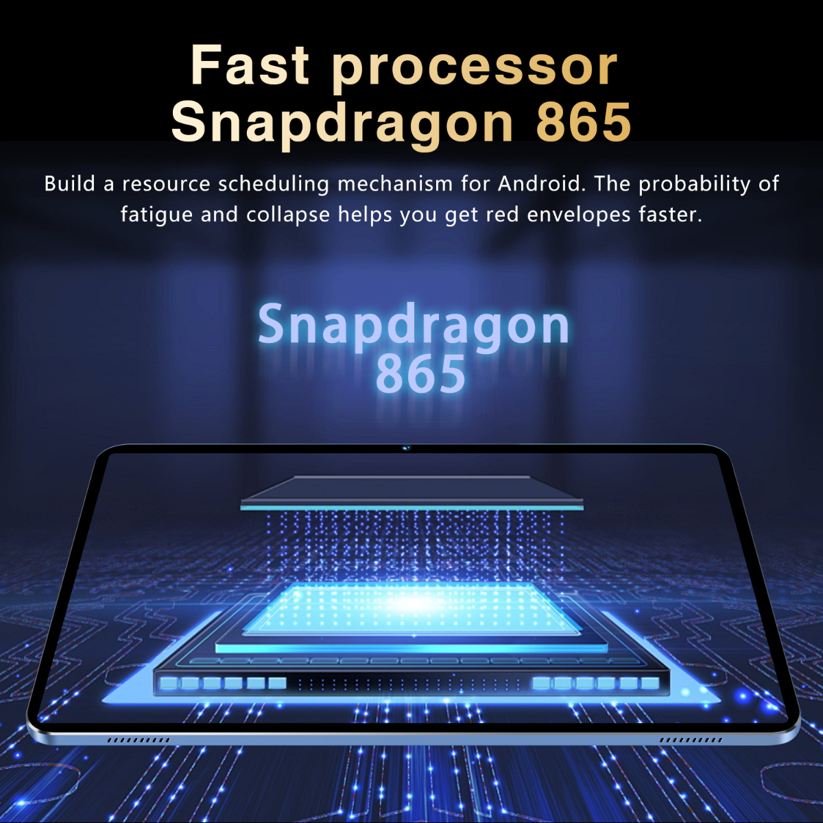 Tablet-Bildschirm mit Snapdragon 865 Text und blauem Leiterplattendesign im Hintergrund.