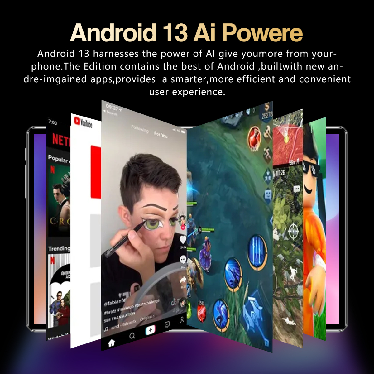 Bildschirme mit Apps, Text 'Android 13 AI Powered'.