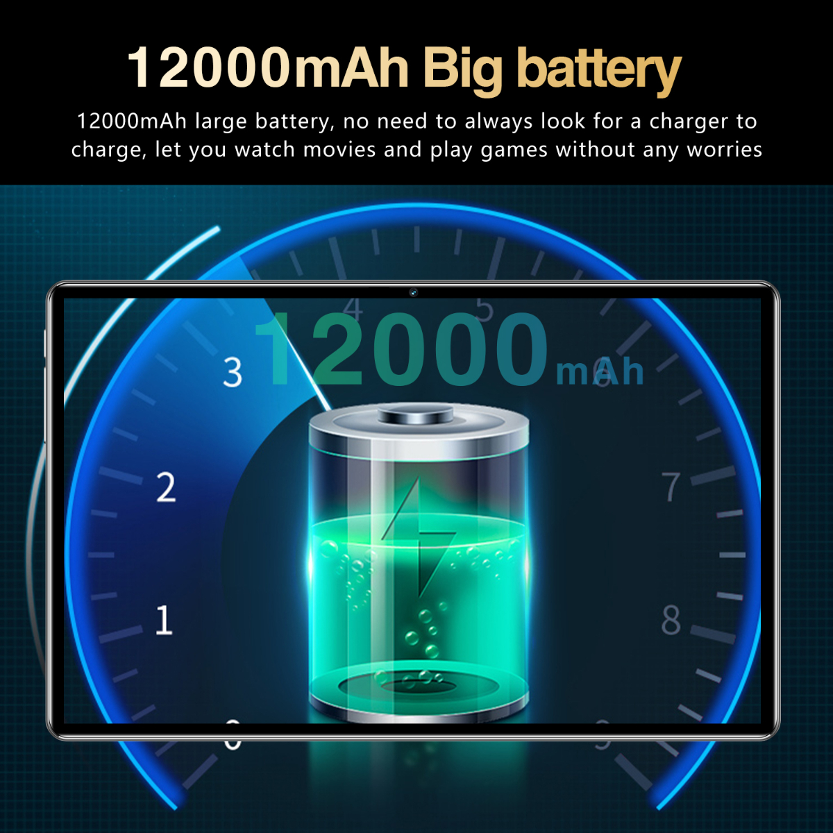 Tablet mit Anzeige der Akkukapazität, mit einer Batterie-Grafik und dem Text 12000mAh.