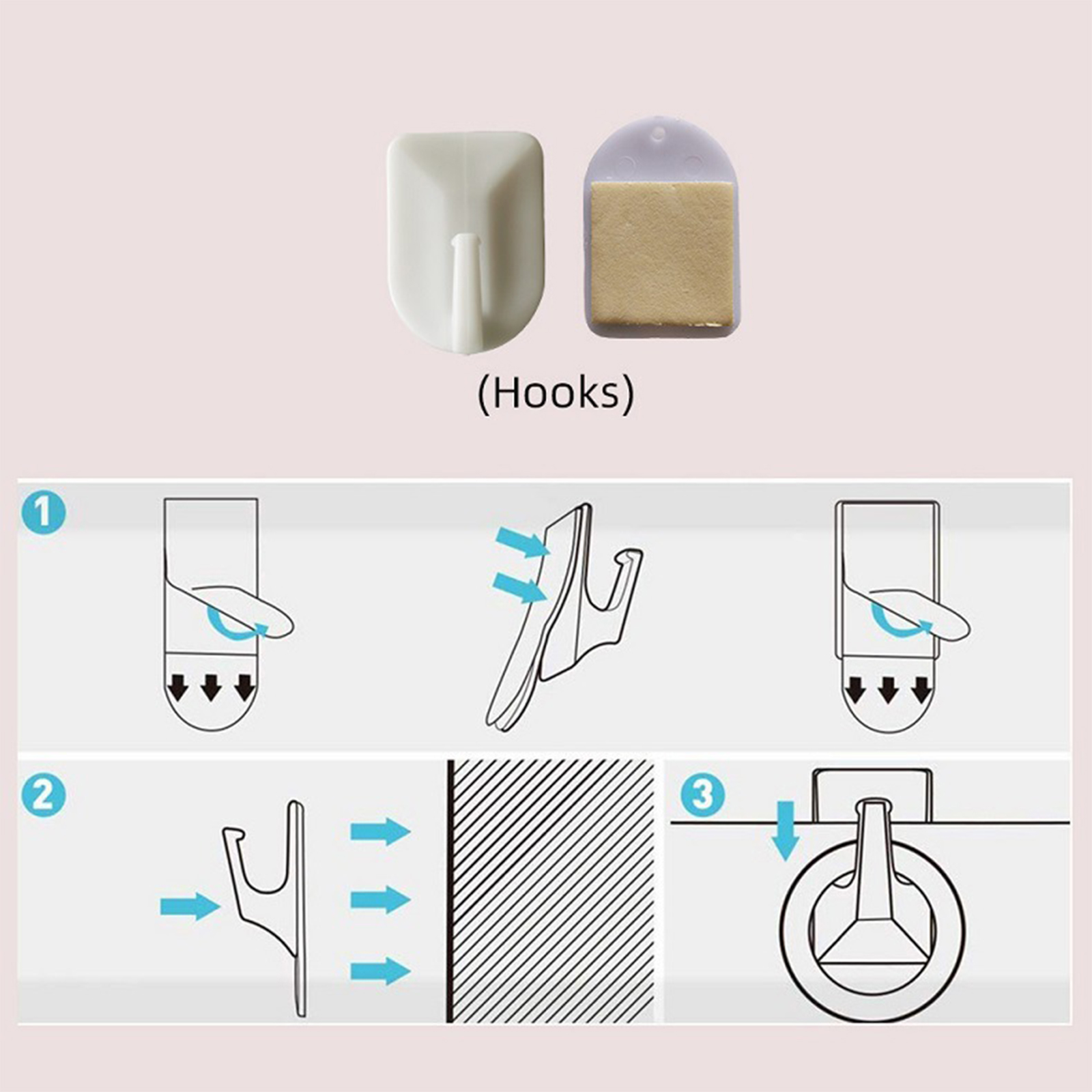 Haken mit Anweisungen. Zwei weiße Haken und ein Klebepad mit Anweisungen.